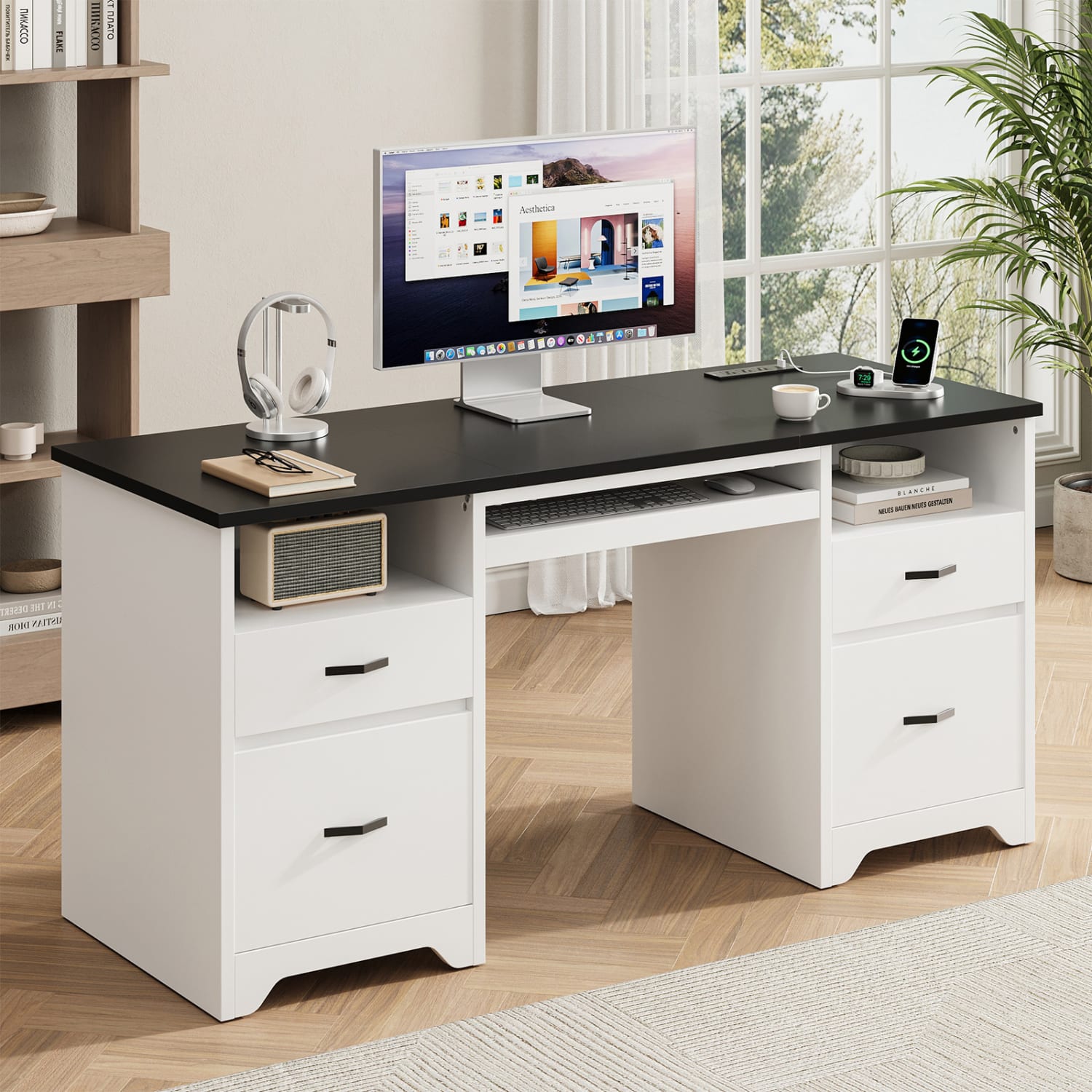Bestier 59in Rectangular Computer Desk with Drawers and Power Outlet, Home Office Desk with Keyboard Tray, White