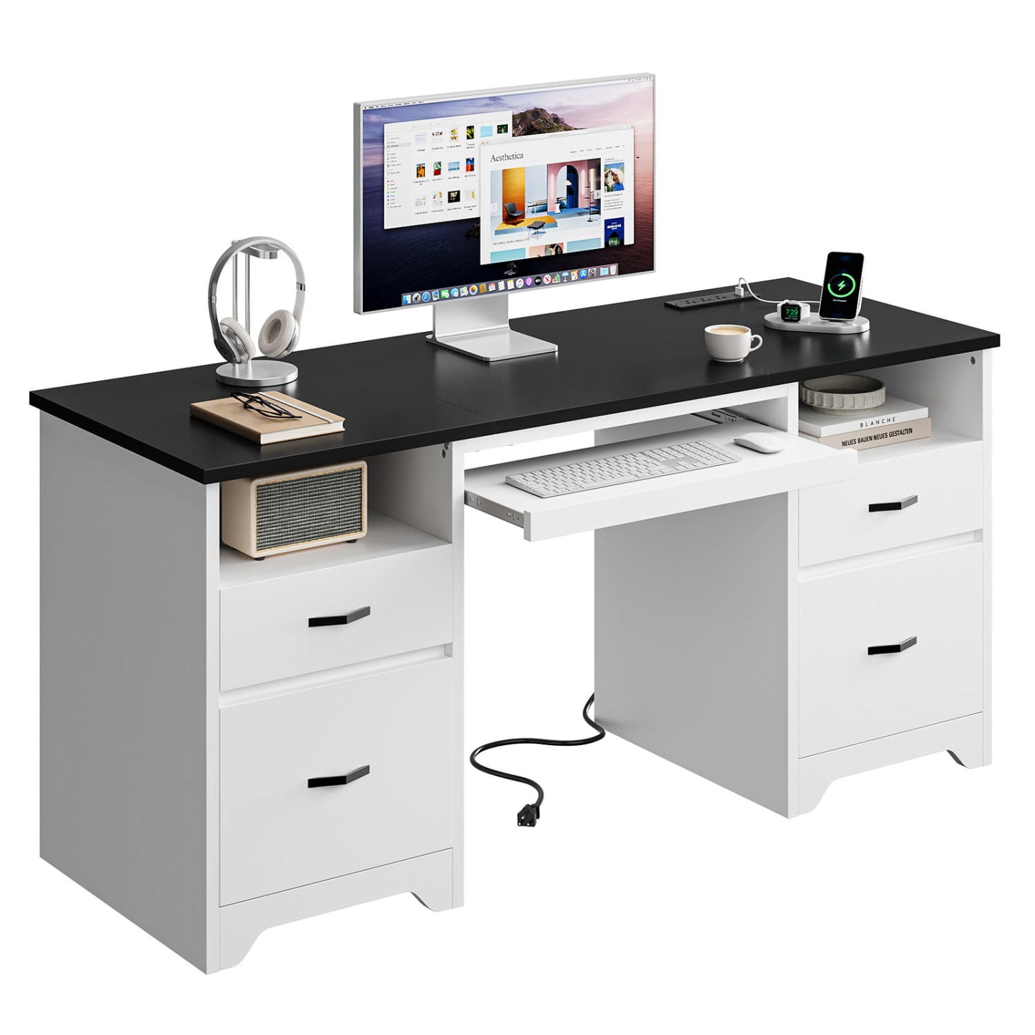 Bestier 59in Rectangular Computer Desk with Drawers and Power Outlet, Home Office Desk with Keyboard Tray, White - Image 3