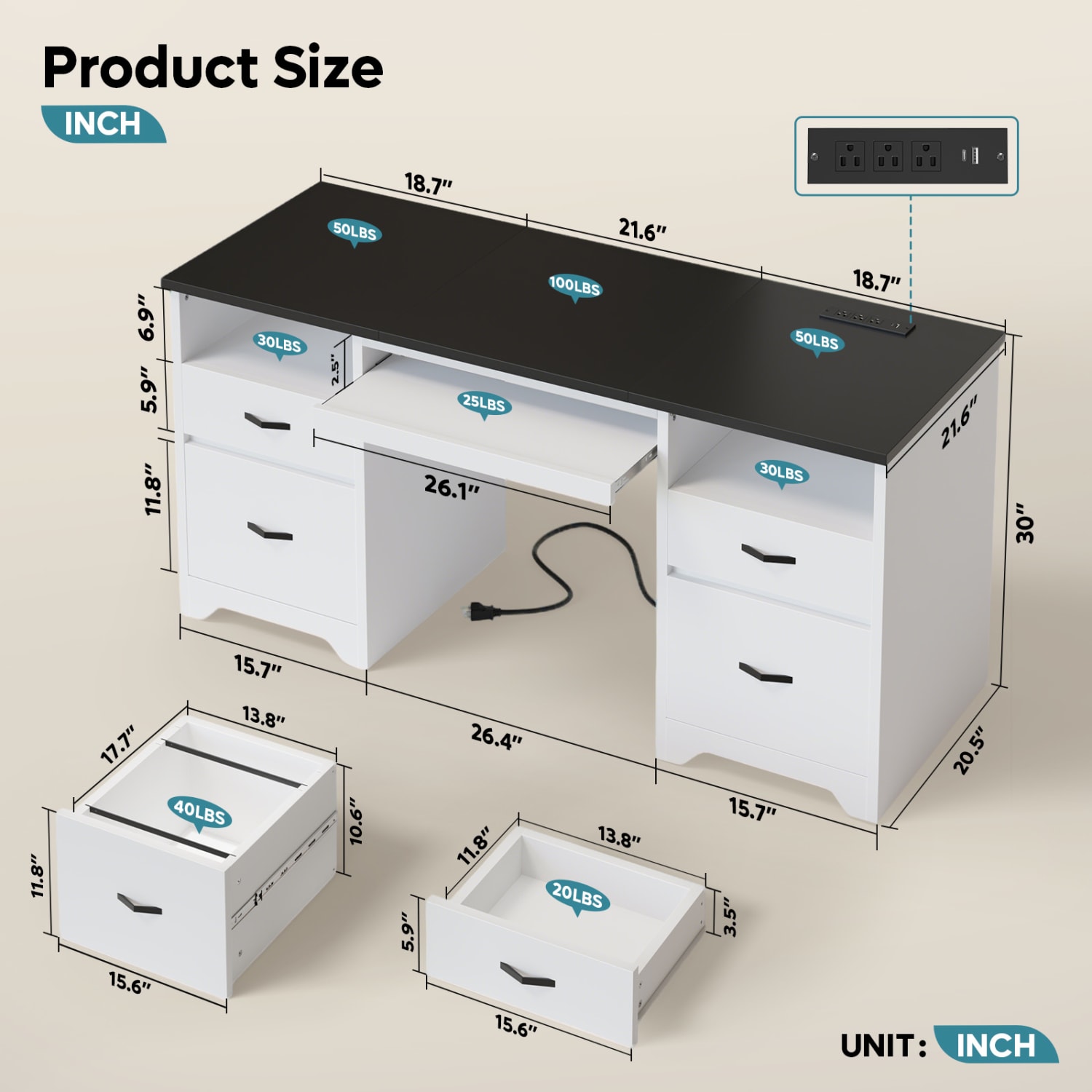 Bestier 59in Rectangular Computer Desk with Drawers and Power Outlet, Home Office Desk with Keyboard Tray, White - Image 4
