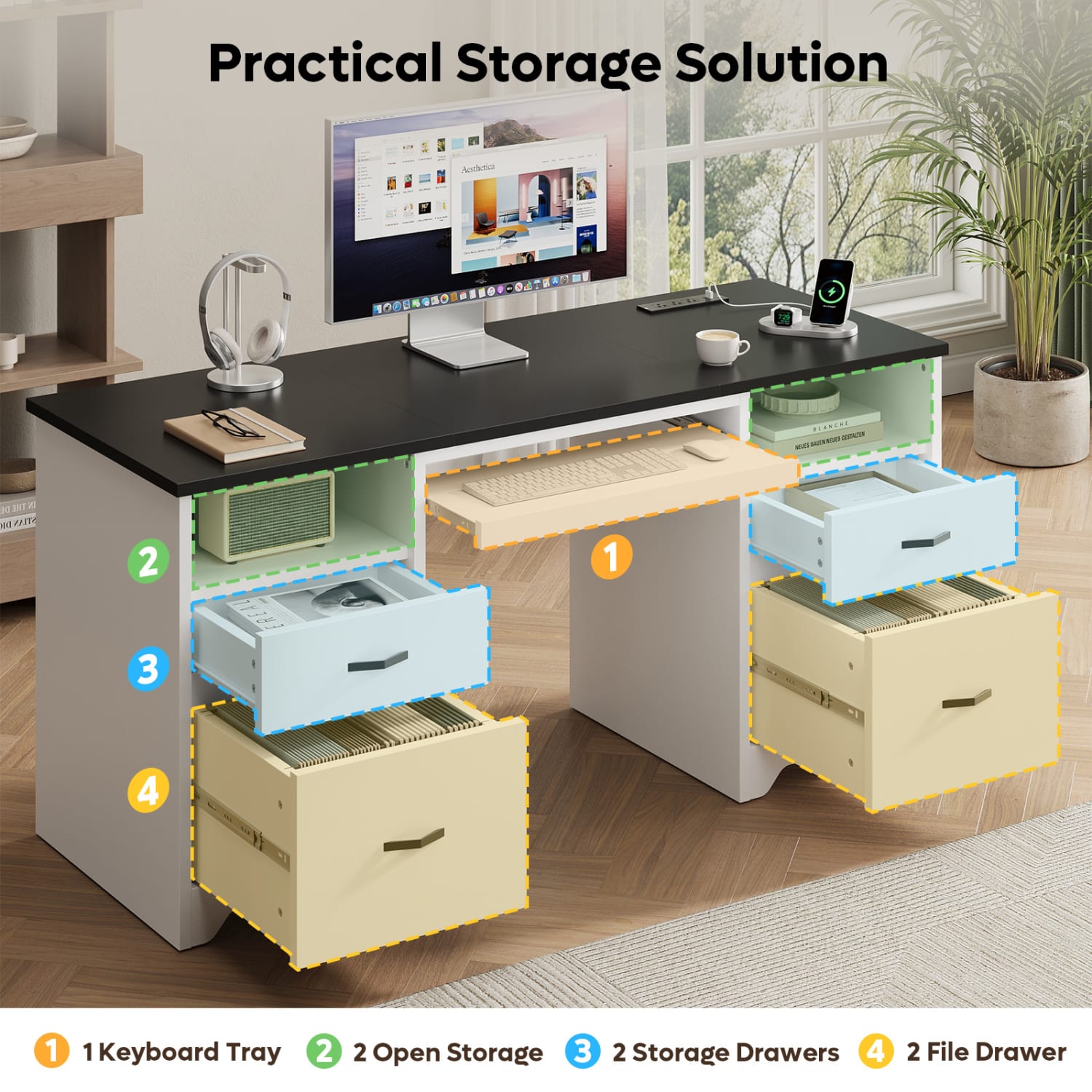 Bestier 59in Rectangular Computer Desk with Drawers and Power Outlet, Home Office Desk with Keyboard Tray, White - Image 5