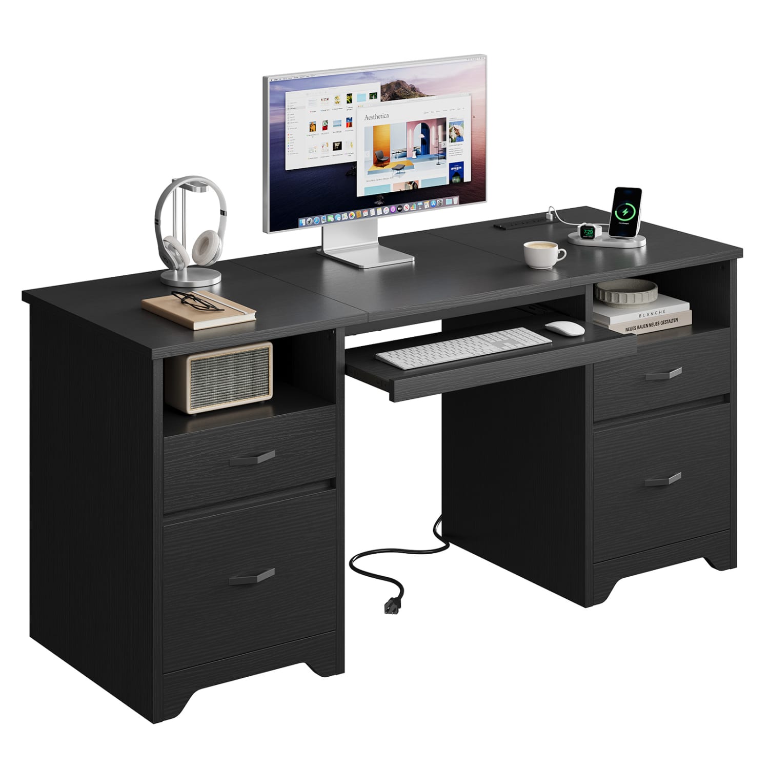 Bestier 59in Rectangular Computer Desk with Drawers and Power Outlet, Home Office Desk with Keyboard Tray, Black - Image 3
