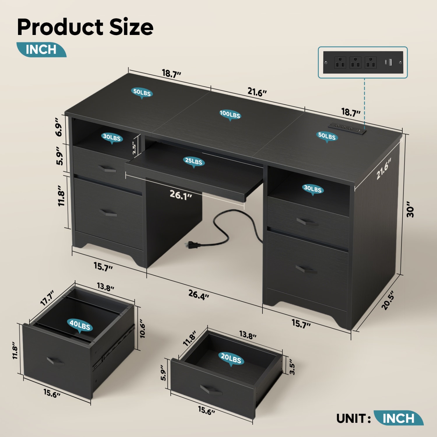 Bestier 59in Rectangular Computer Desk with Drawers and Power Outlet, Home Office Desk with Keyboard Tray, Black - Image 4