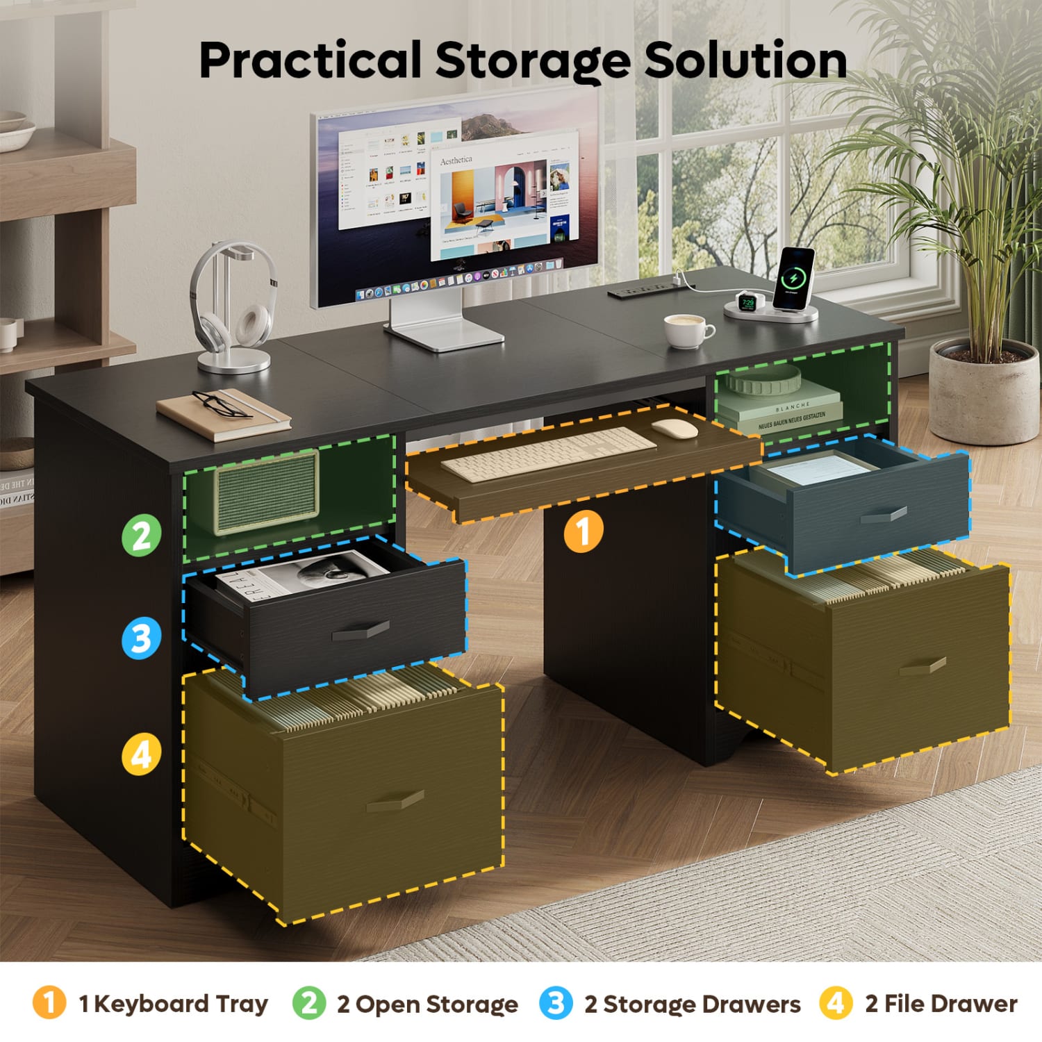 Bestier 59in Rectangular Computer Desk with Drawers and Power Outlet, Home Office Desk with Keyboard Tray, Black - Image 5