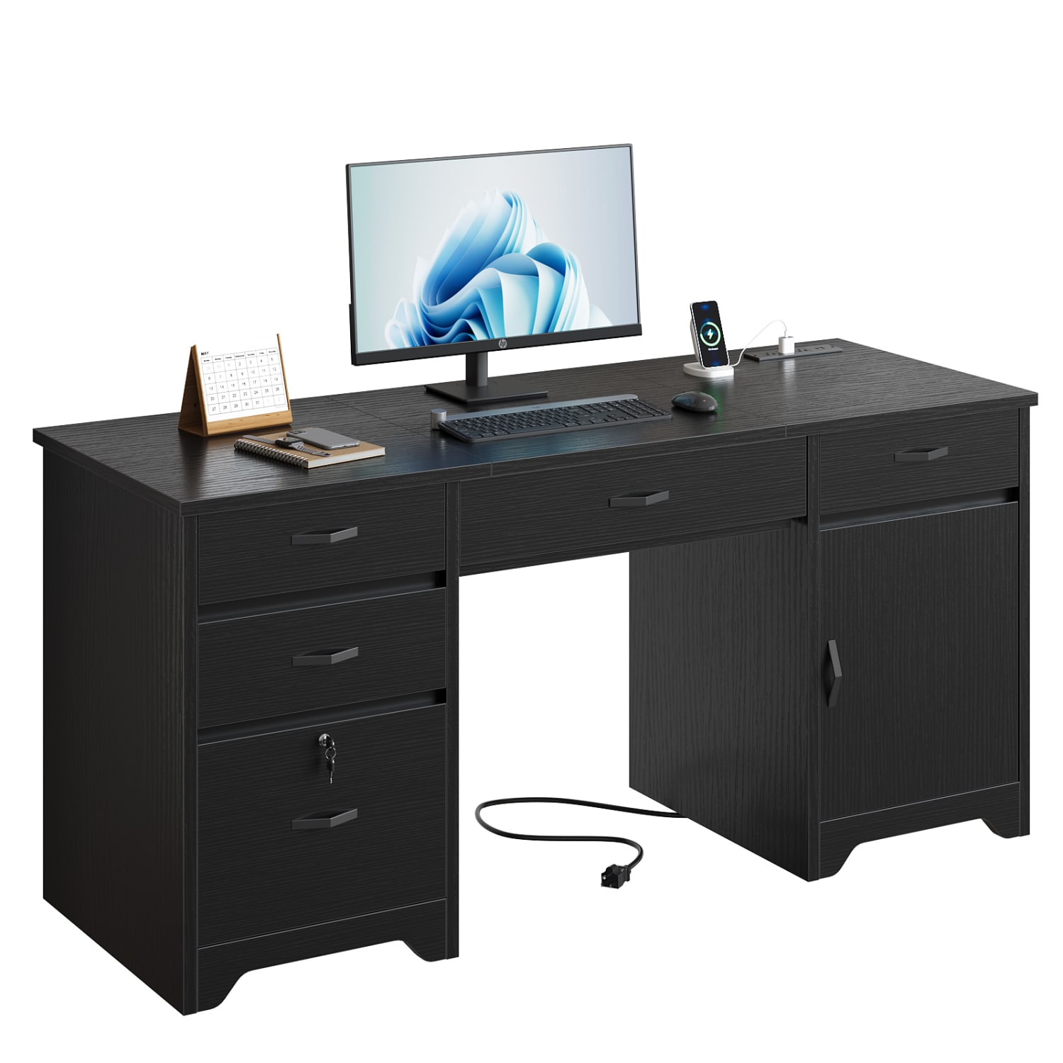 Bestier 60inW Executive Computer Desk With Drawers And Power Outlets, Black - Image 3