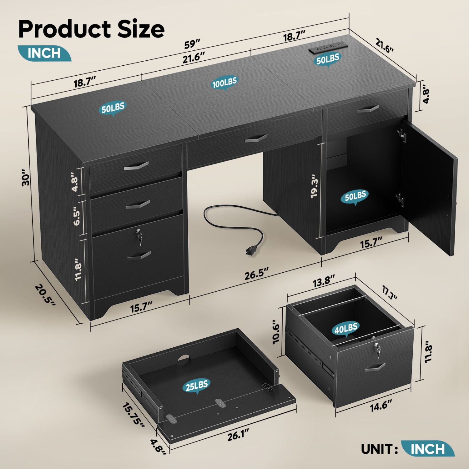 Bestier 60inW Executive Computer Desk With Drawers And Power Outlets, Black - Image 4