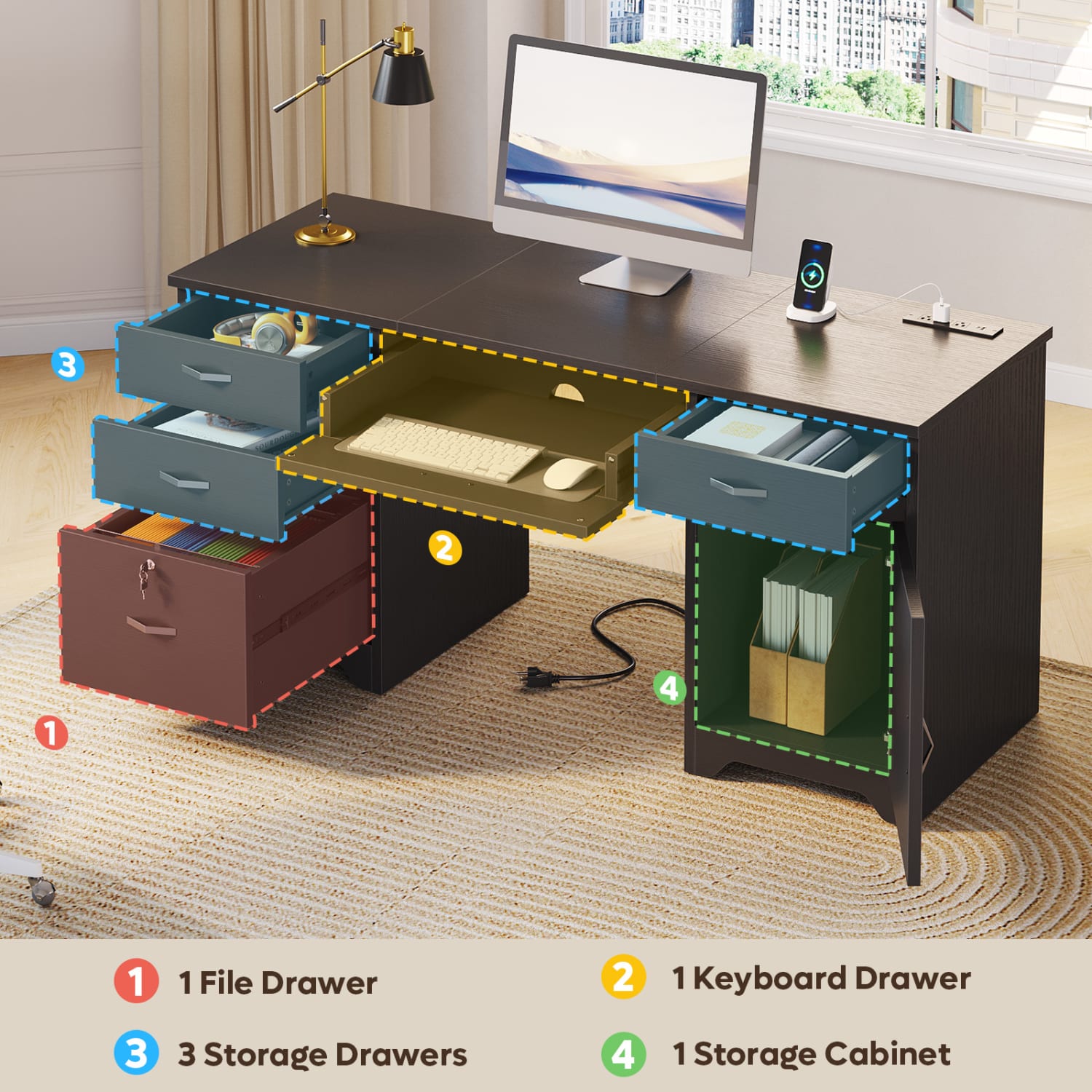 Bestier 60inW Executive Computer Desk With Drawers And Power Outlets, Black - Image 5