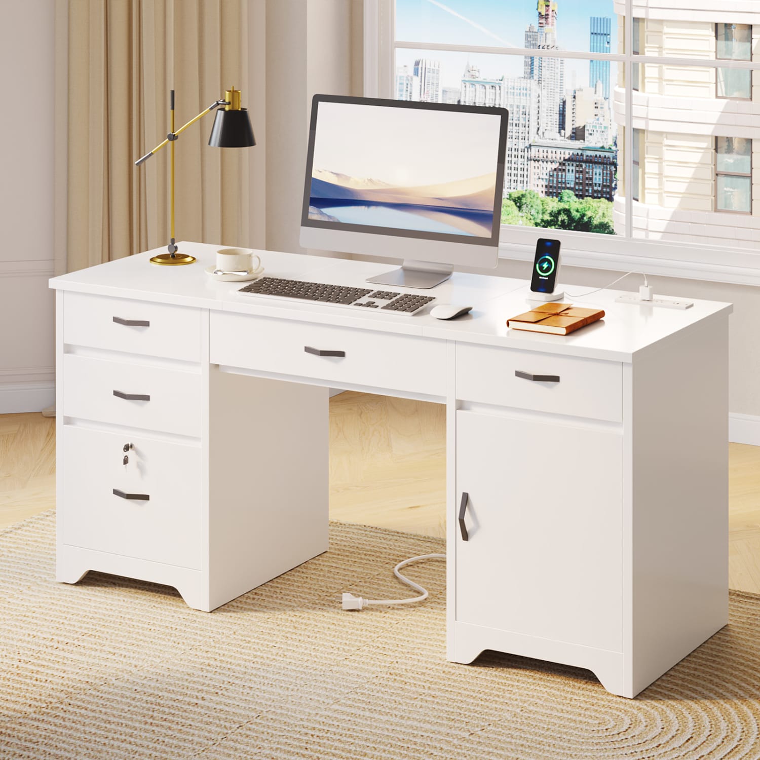 Bestier 60inW Executive Computer Desk With Drawers And Power Outlets, White