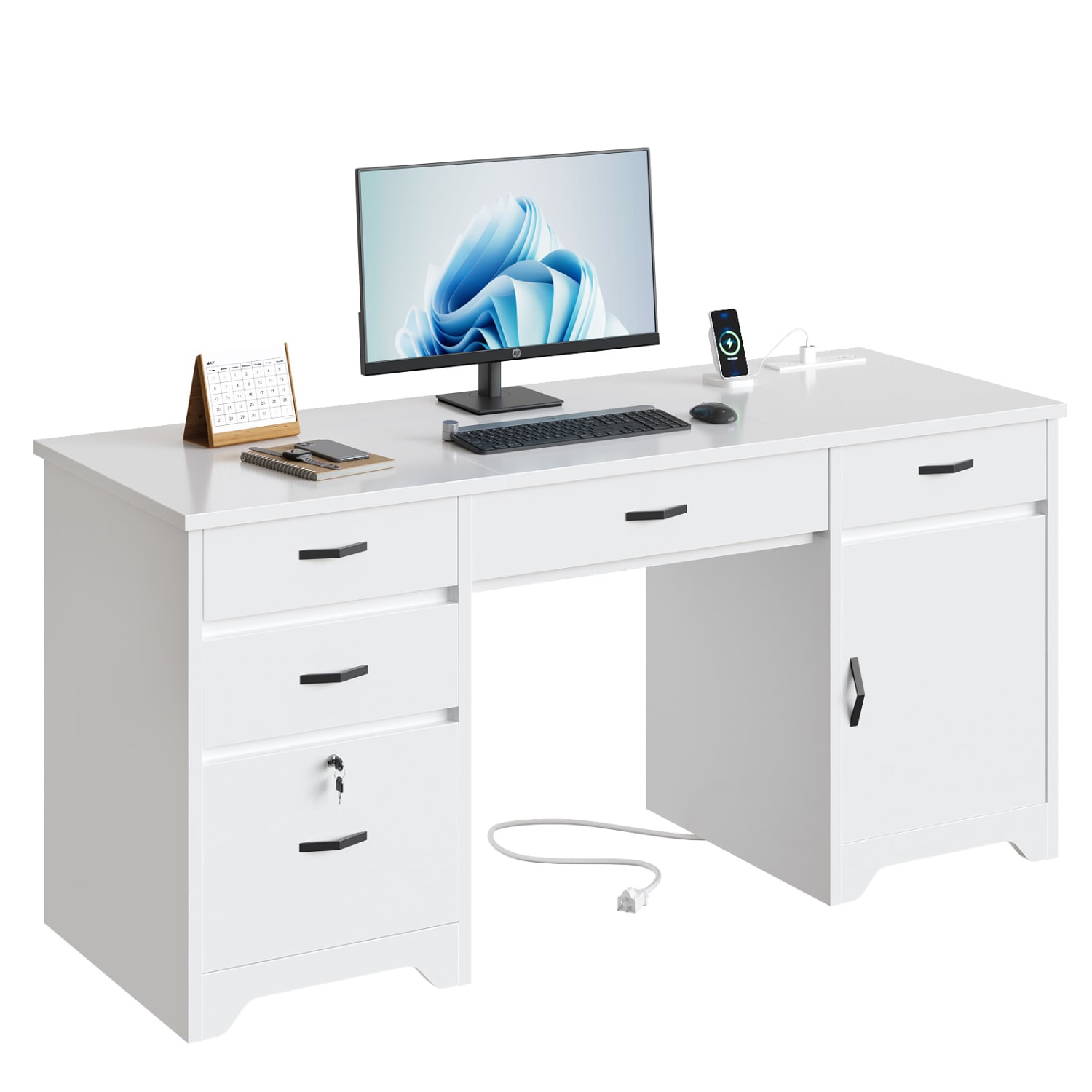 Bestier 60inW Executive Computer Desk With Drawers And Power Outlets, White - Image 3