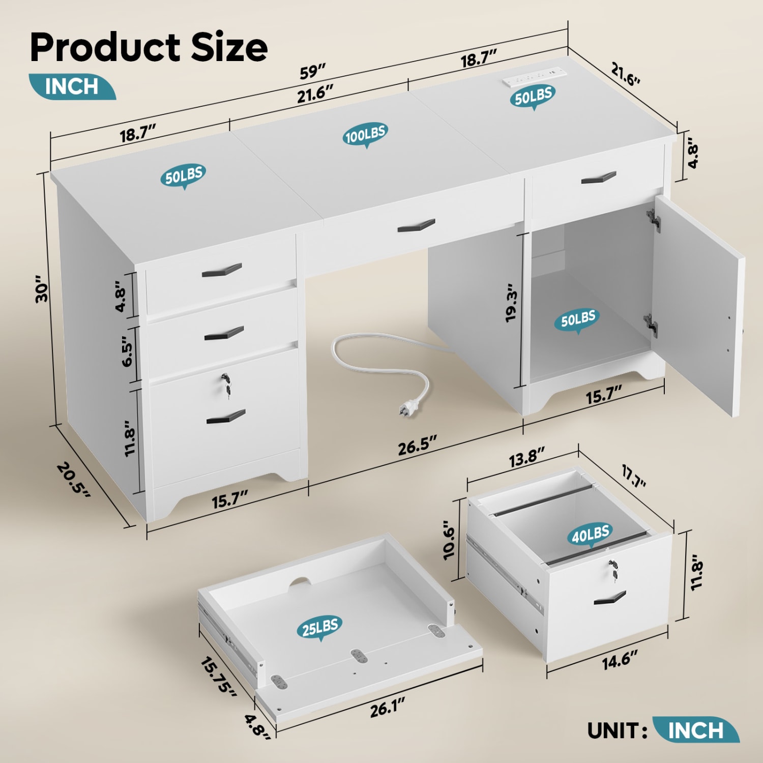 Bestier 60inW Executive Computer Desk With Drawers And Power Outlets, White - Image 4