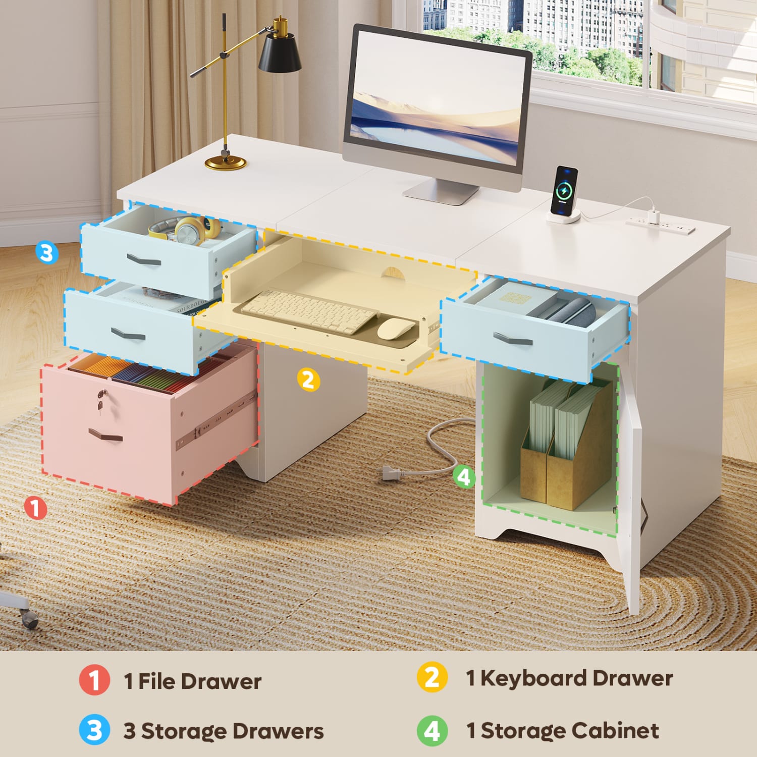 Bestier 60inW Executive Computer Desk With Drawers And Power Outlets, White - Image 5