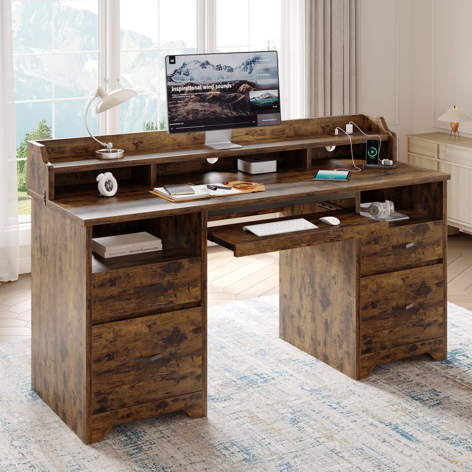 Bestier 60inW Computer Desk With Keyboard Tray And Power Outlet, Rustic Brown