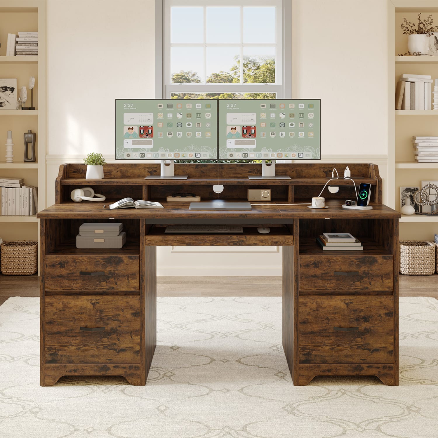 Bestier 60inW Computer Desk With Keyboard Tray And Power Outlet, Rustic Brown - Image 3
