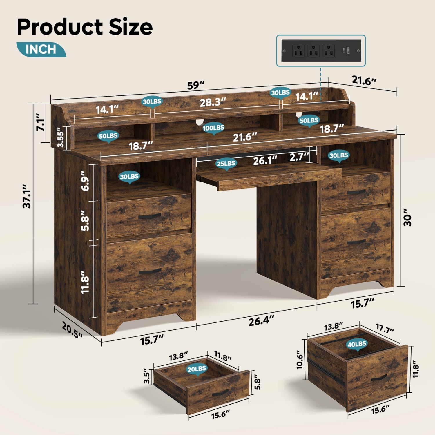Bestier 60inW Computer Desk With Keyboard Tray And Power Outlet, Rustic Brown - Image 4