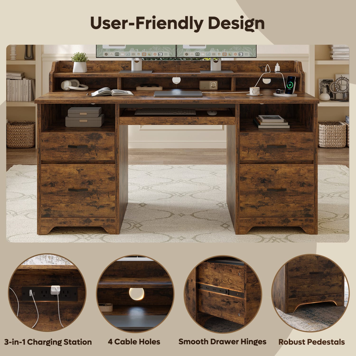 Bestier 60inW Computer Desk With Keyboard Tray And Power Outlet, Rustic Brown - Image 6