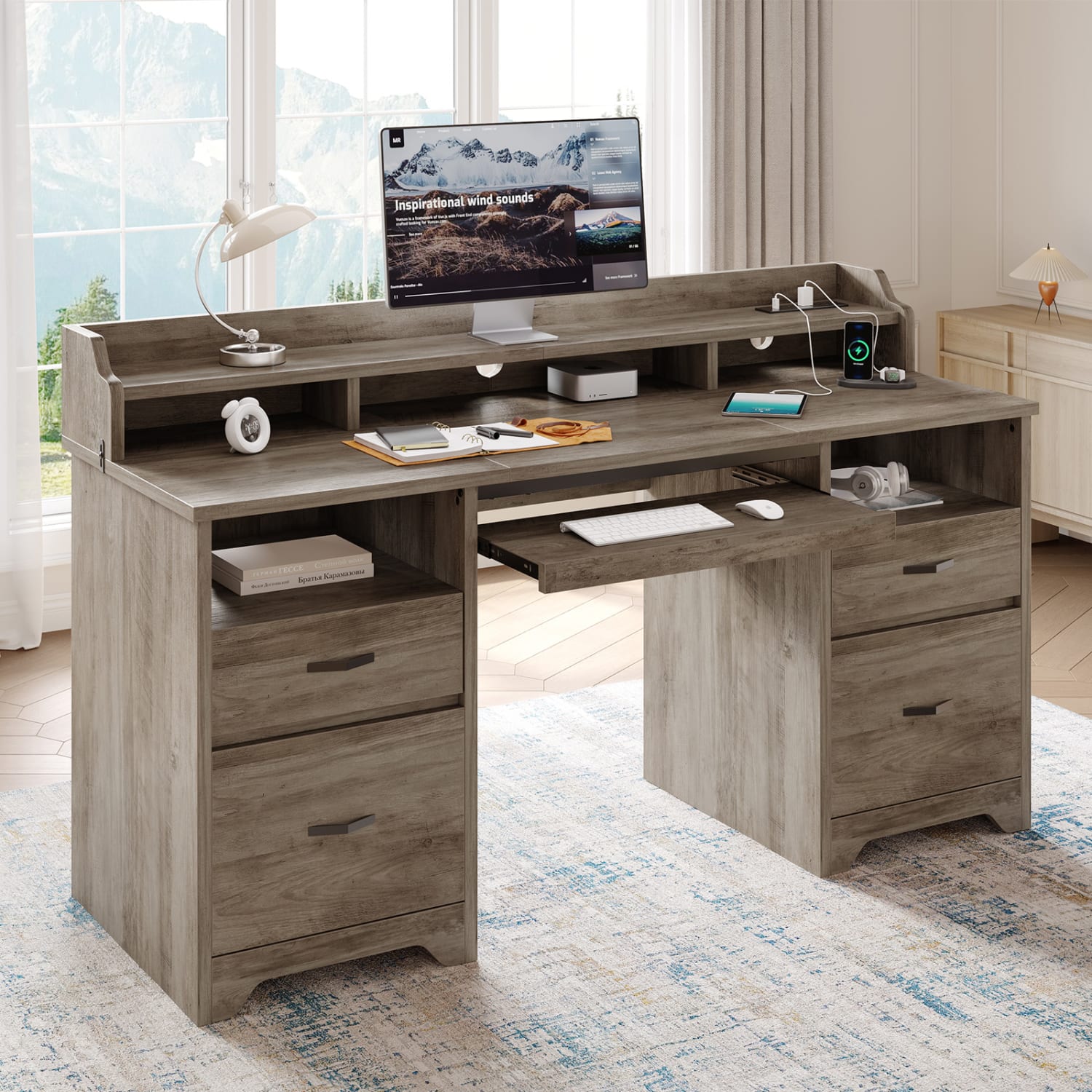 Bestier 60inW Computer Desk With Keyboard Tray And Power Outlet, Gray
