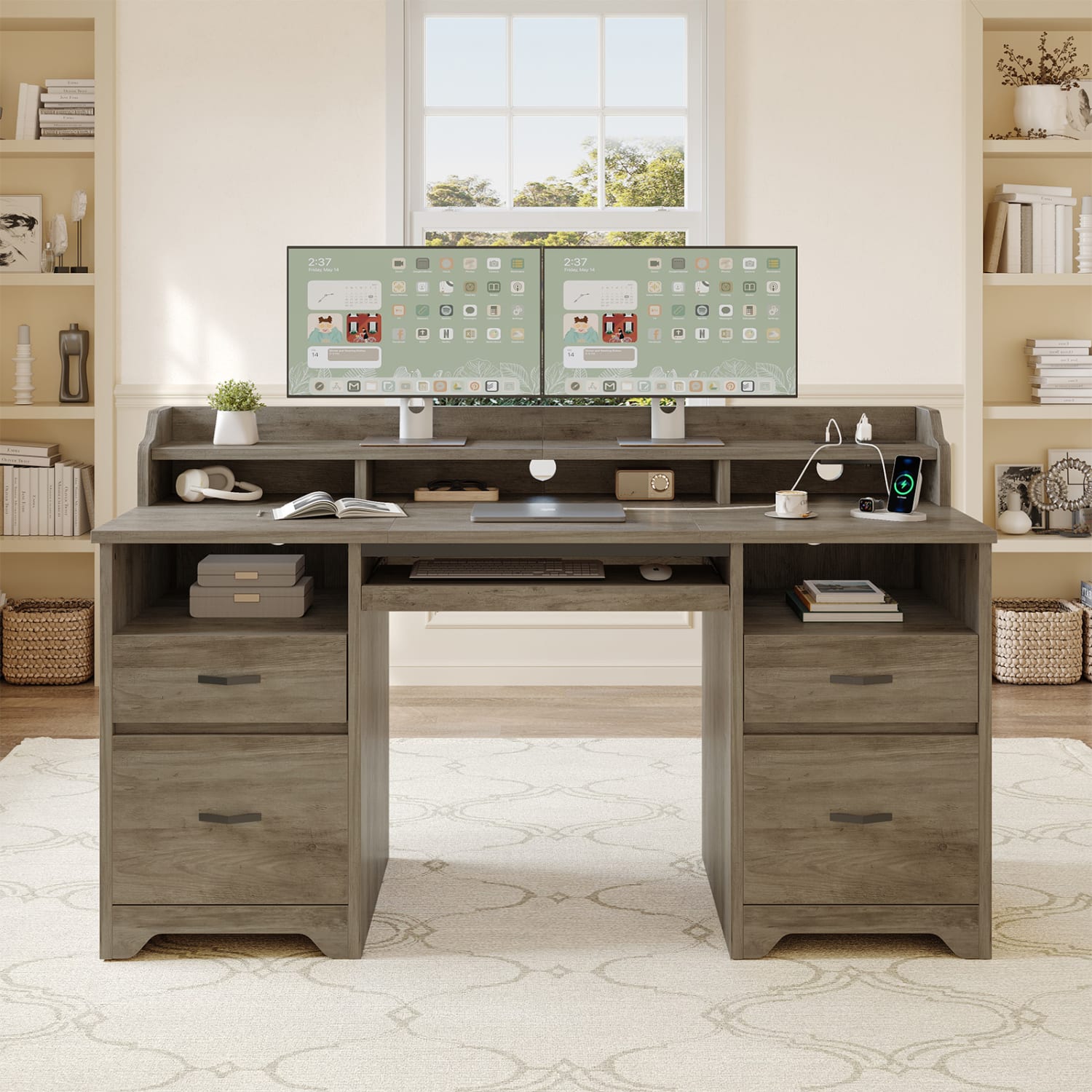Bestier 60inW Computer Desk With Keyboard Tray And Power Outlet, Gray - Image 3