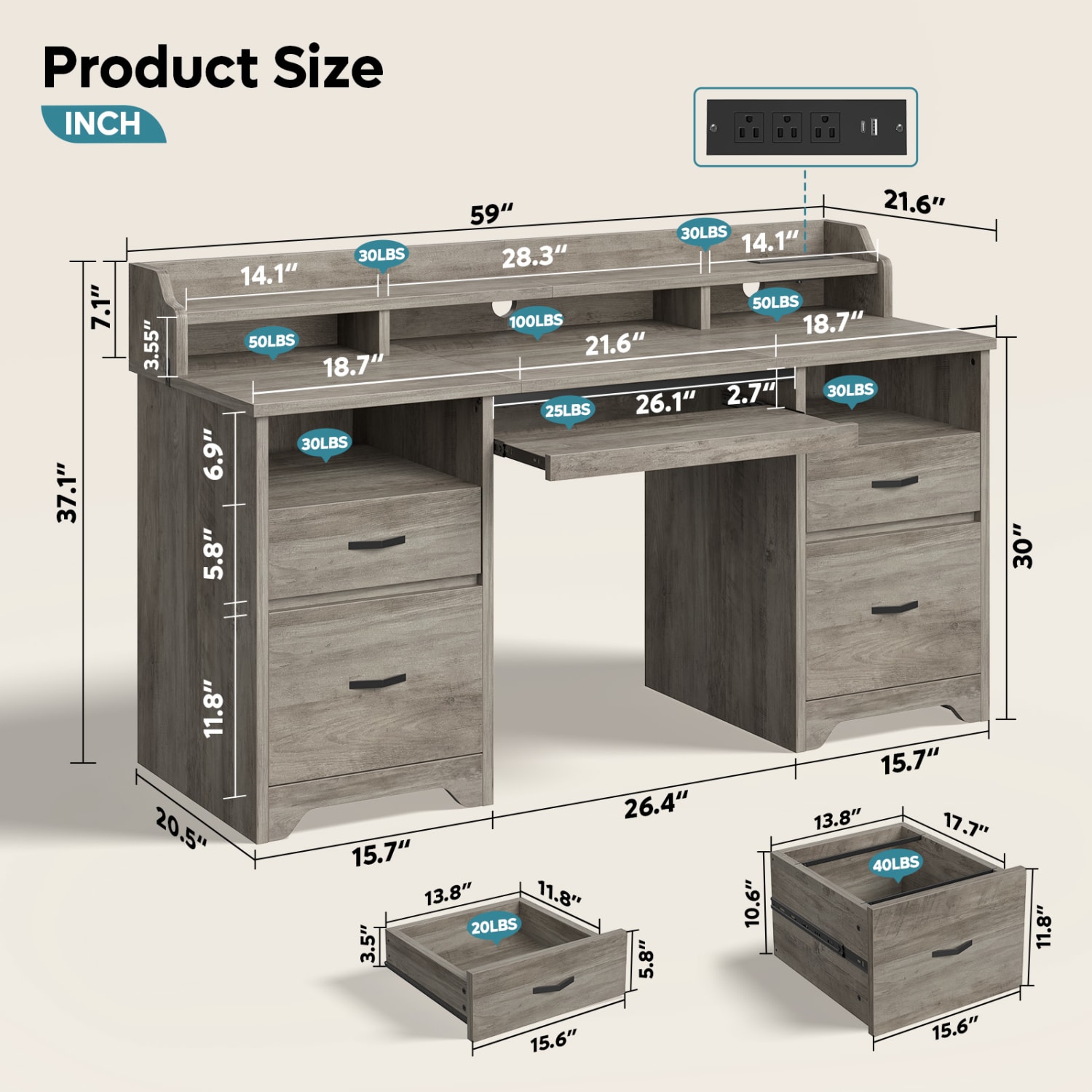 Bestier 60inW Computer Desk With Keyboard Tray And Power Outlet, Gray - Image 4