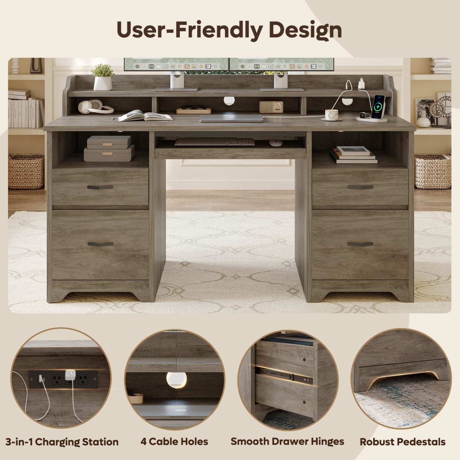 Bestier 60inW Computer Desk With Keyboard Tray And Power Outlet, Gray - Image 6