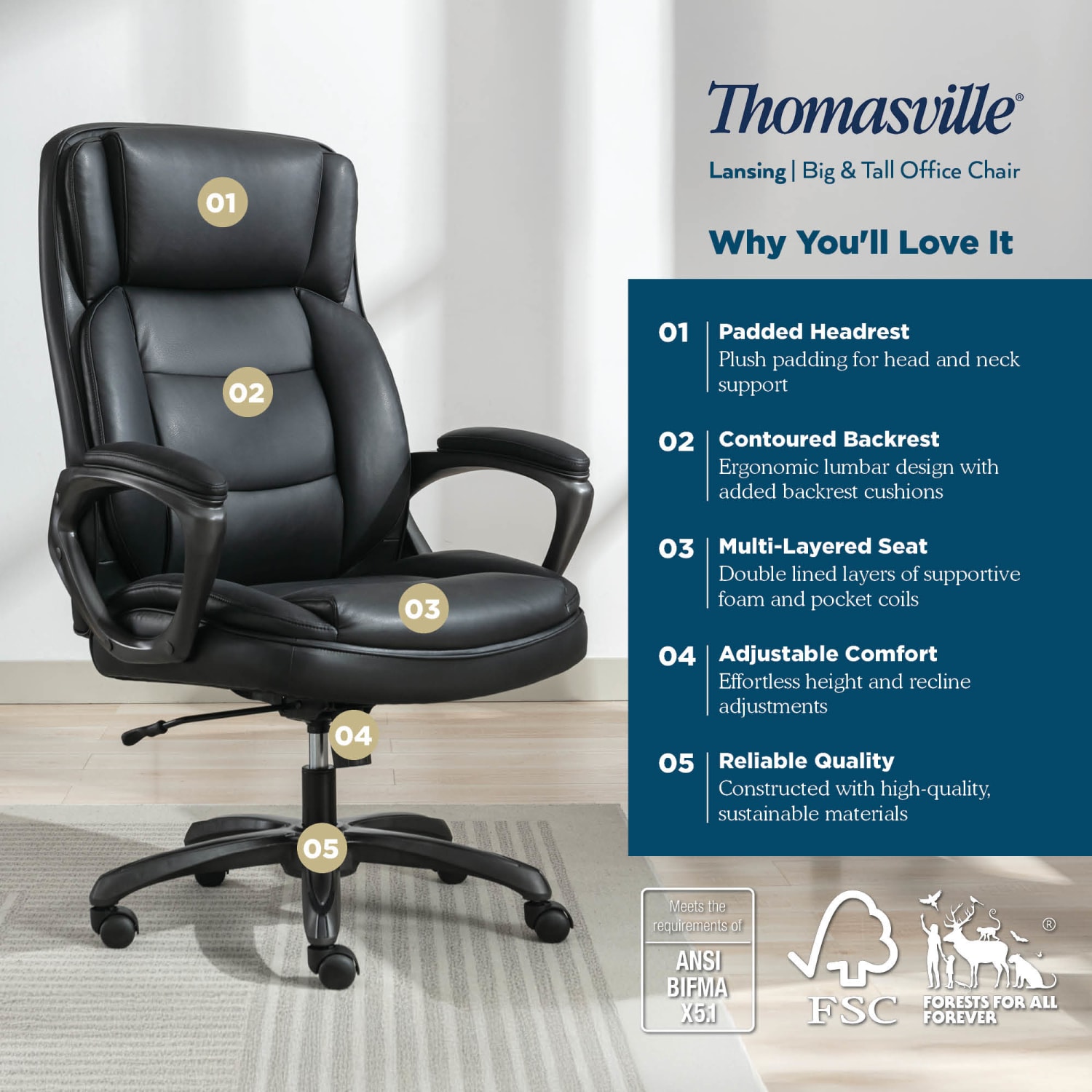 Thomasville® Lansing Ergonomic High-Back Faux Leather Big & Tall Office Chair, Black - Image 5