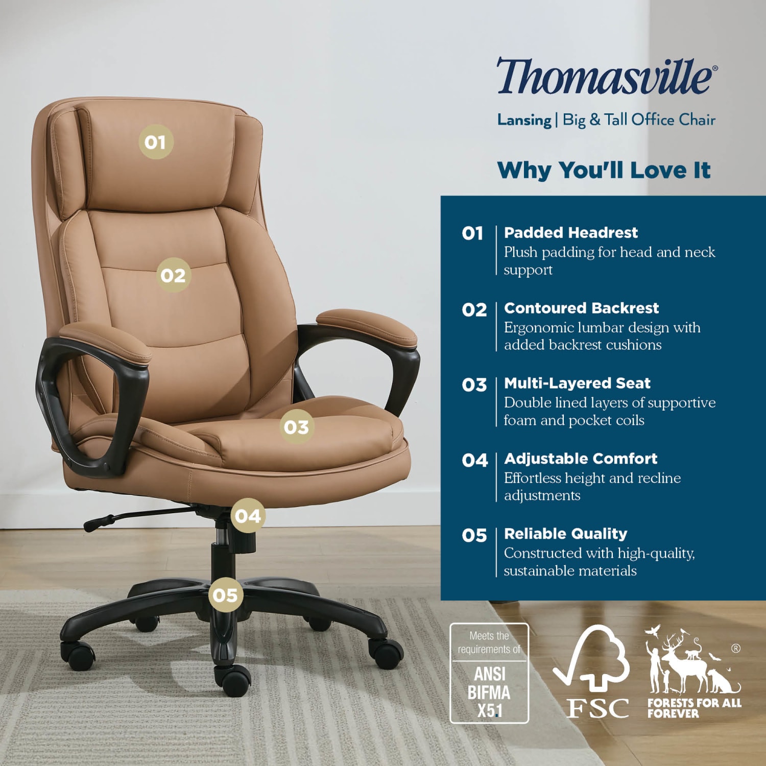 Thomasville® Lansing Ergonomic High-Back Faux Leather Big & Tall Executive Office Chair, Light Tan - Image 5