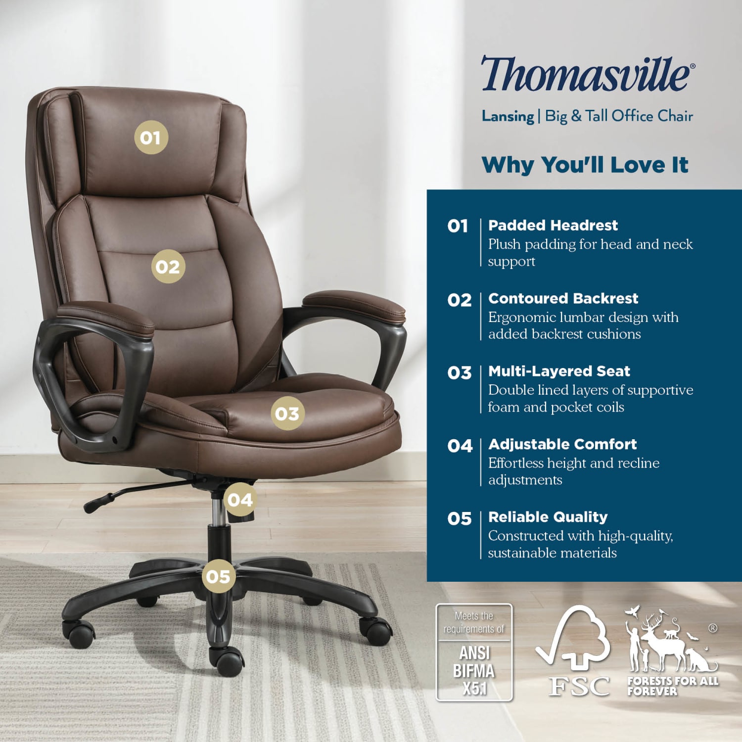 Thomasville® Lansing Ergonomic High-Back Faux Leather Big & Tall Executive Office Chair, Dark Brown - Image 5