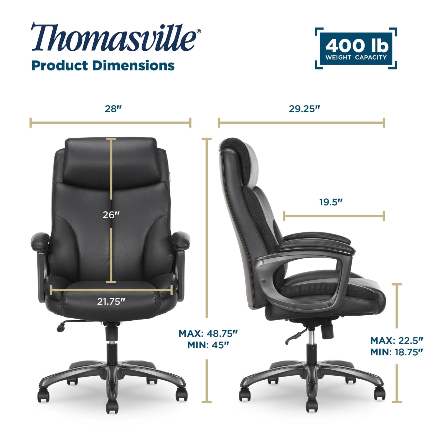 Thomasville Danvers Ergonomic High-Back Faux Leather Big & Tall Executive Office Chair, Black - Image 4