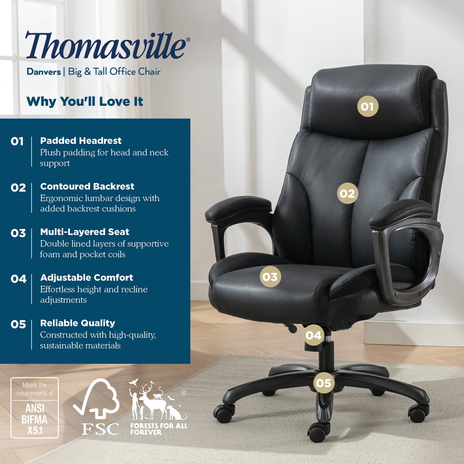 Thomasville® Danvers Ergonomic High-Back Faux Leather Big & Tall Executive Office Chair, Black - Image 5