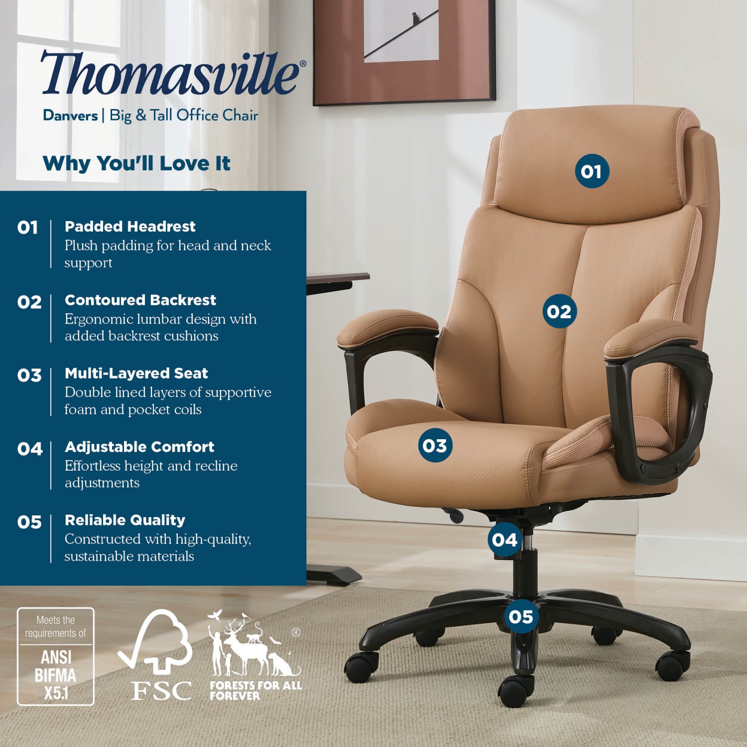 Thomasville® Danvers Ergonomic High-Back Faux Leather Big & Tall Executive Office Chair, Tan - Image 5