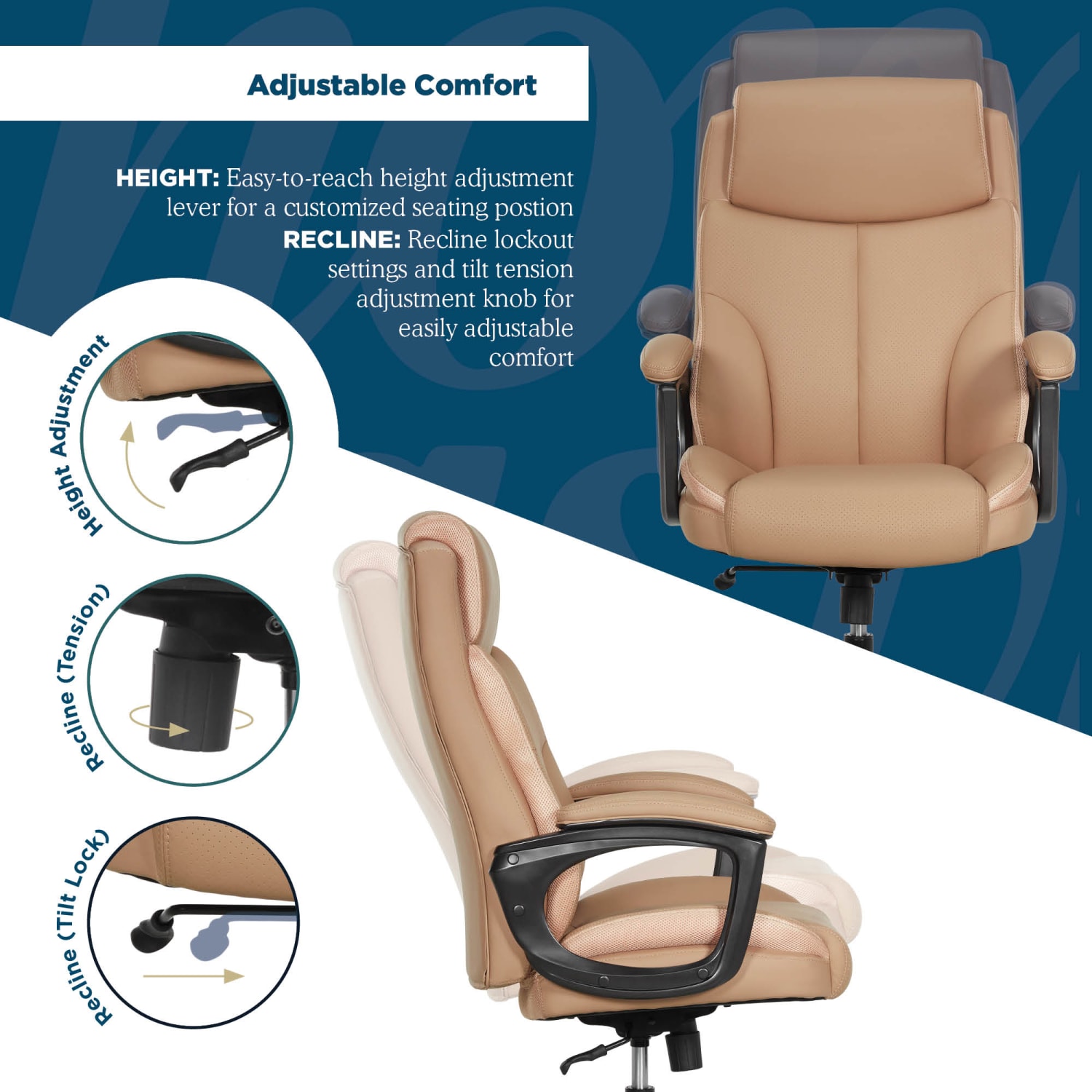 Thomasville Danvers Ergonomic High-Back Faux Leather Big & Tall Executive Office Chair, Tan - Image 6