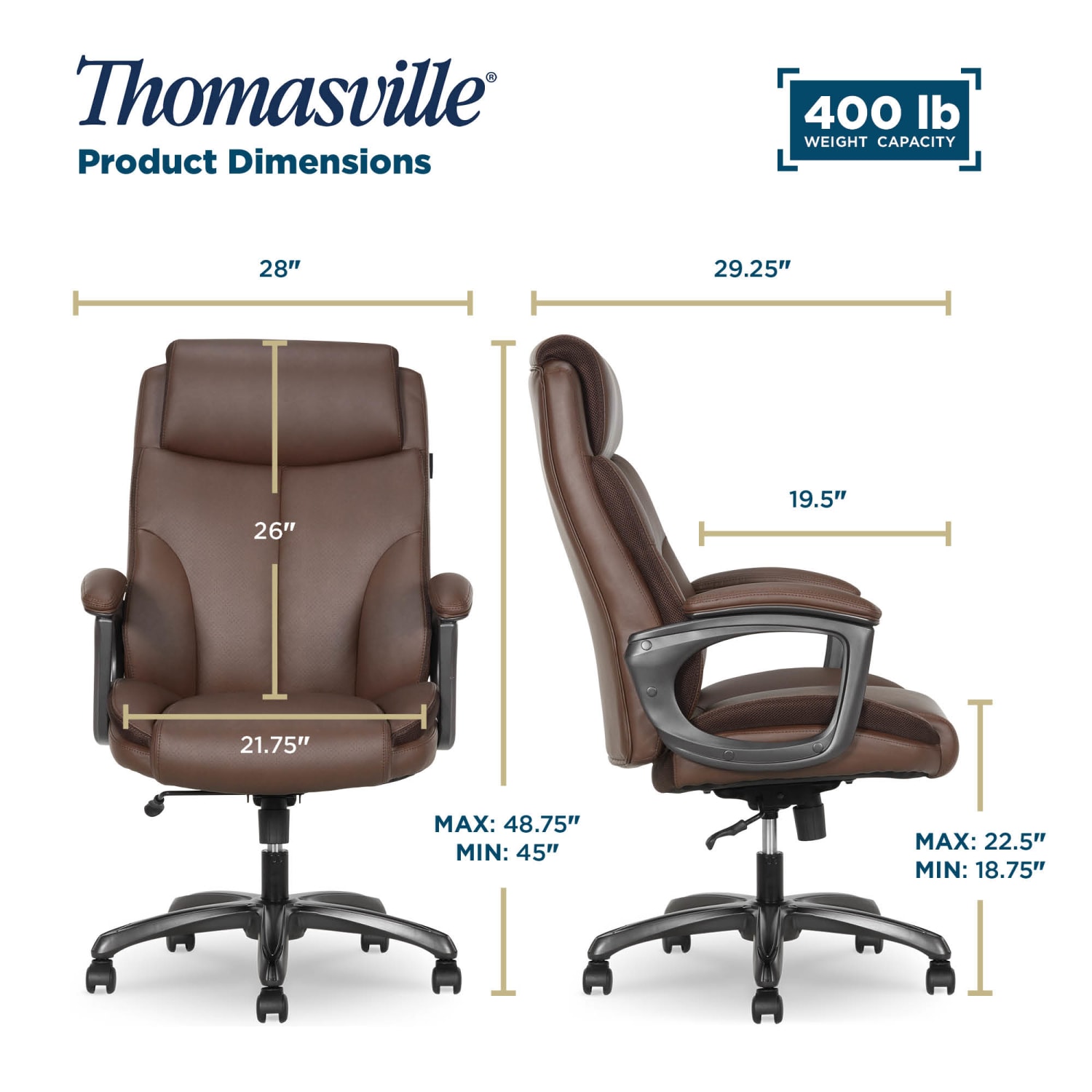Thomasville Danvers Ergonomic High-Back Faux Leather Big & Tall Executive Office Chair, Dark Brown - Image 4