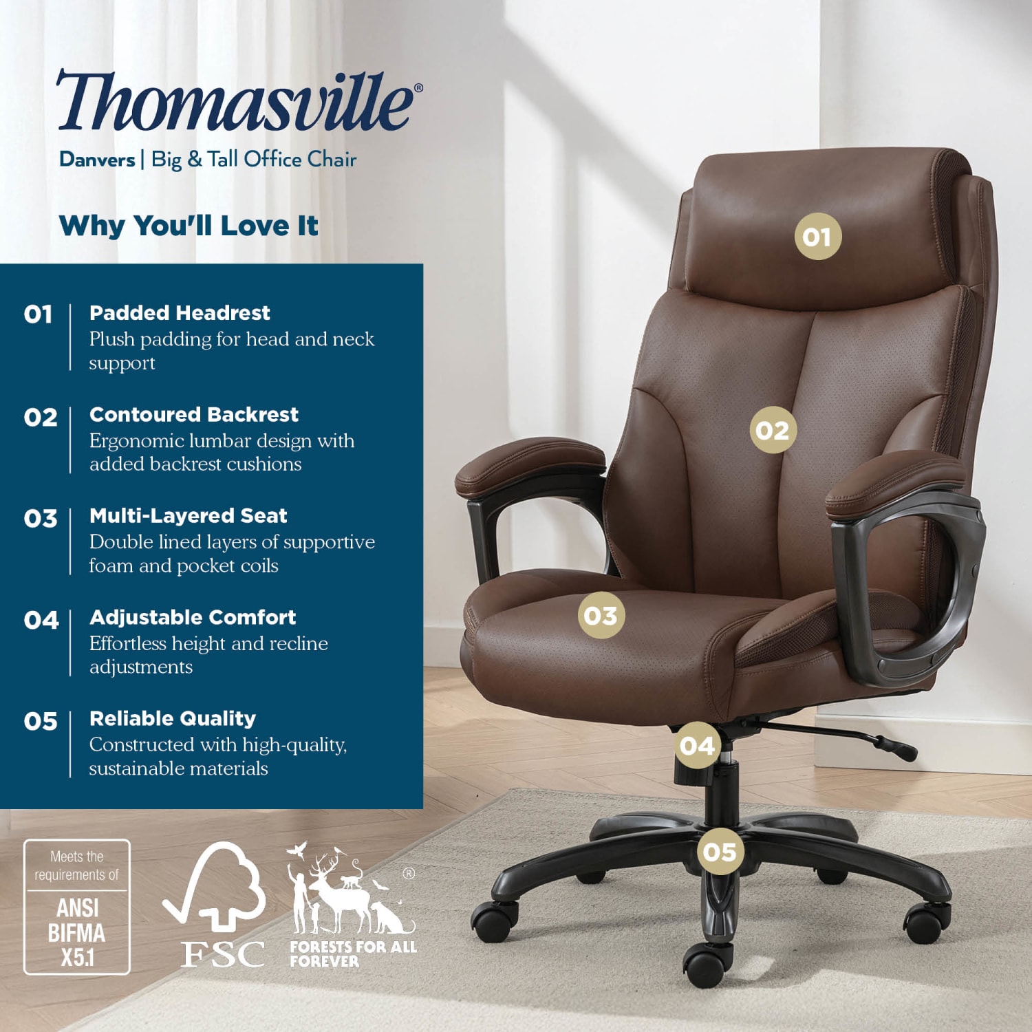 Thomasville® Danvers Ergonomic High-Back Faux Leather Big & Tall Executive Office Chair, Dark Brown - Image 5