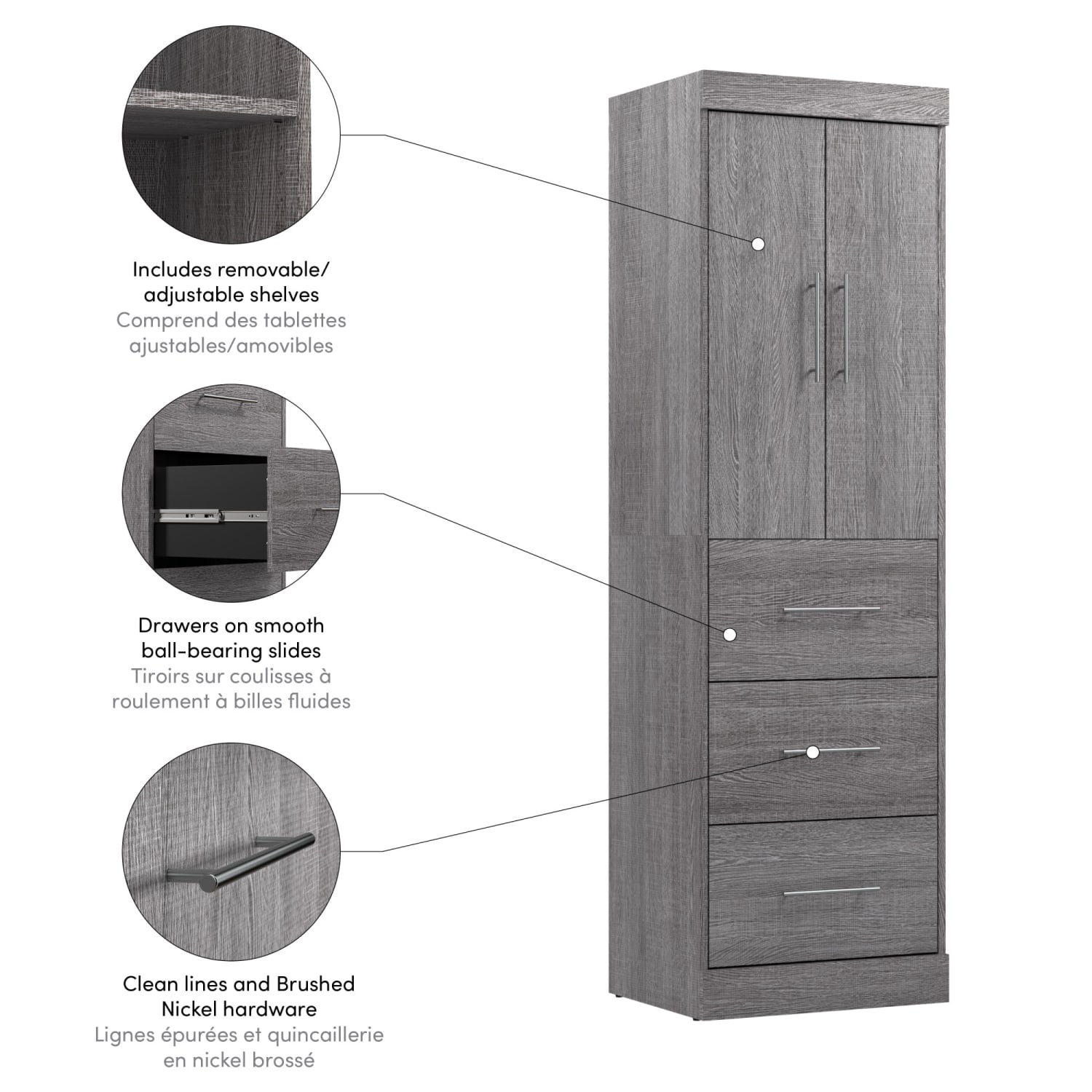 Bestar Nebula 25inW Wardrobe With 3 Drawers, Bark Gray - Image 4