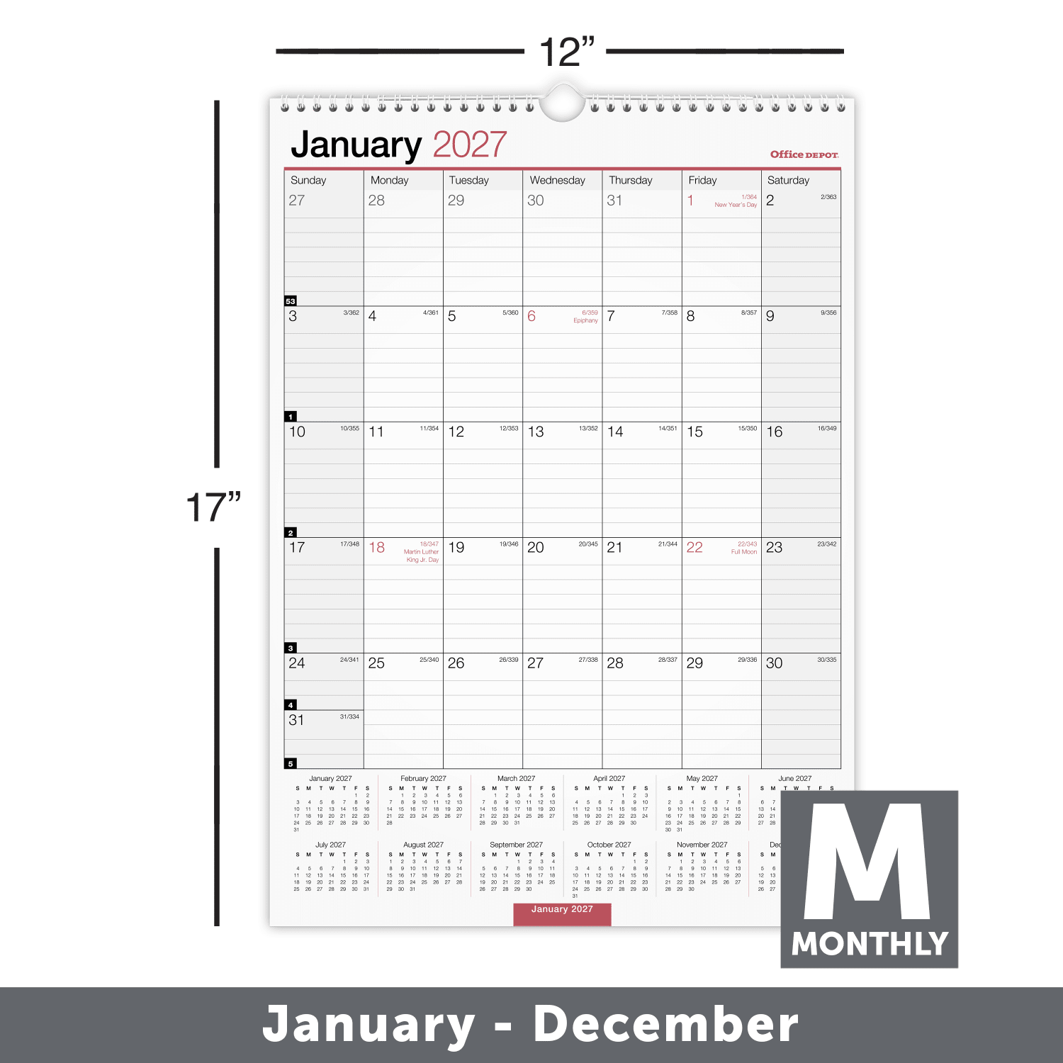 Office Depot Brand Monthly Wall Calendar, 12in x 17in, White, January 2027 to December 2027, OD30162827 - Image 3