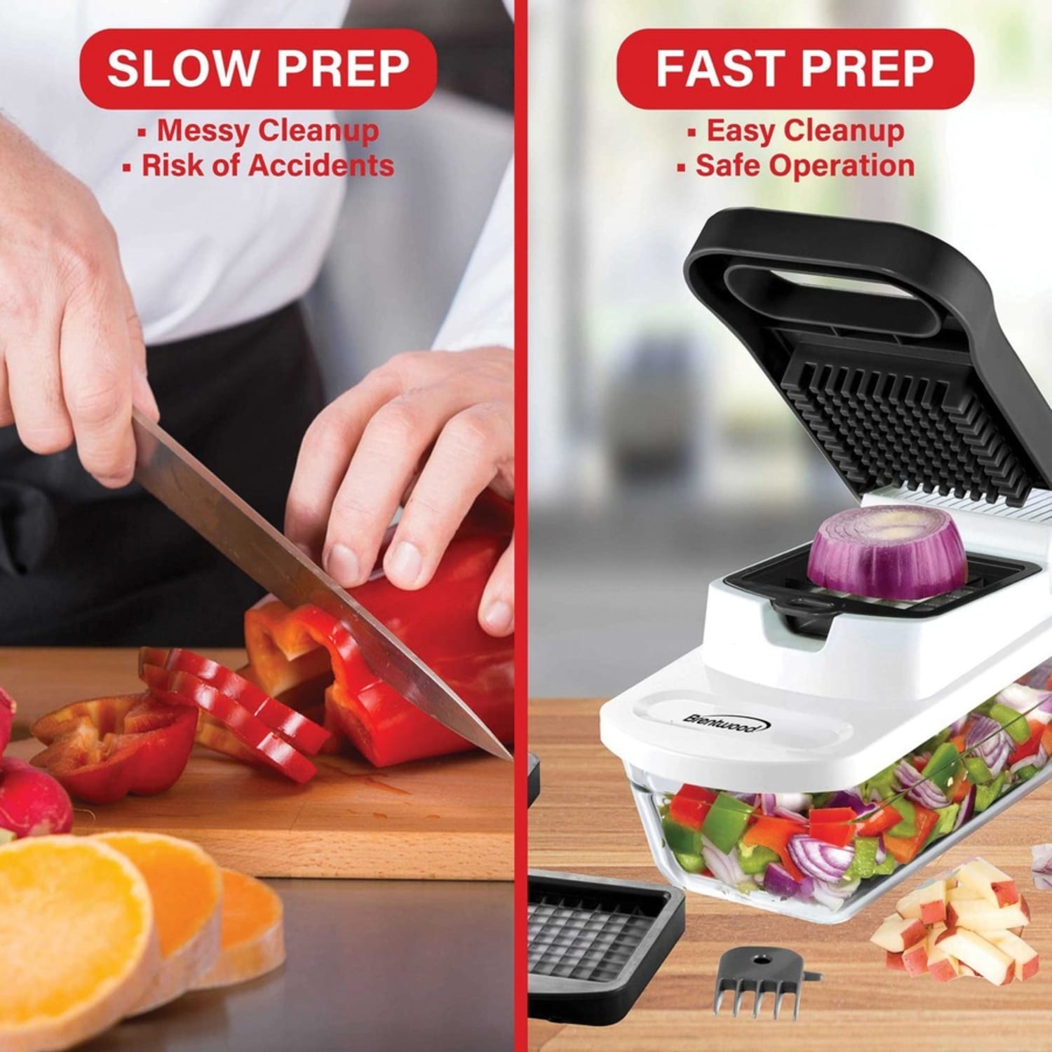 Brentwood Pro Food Chopper and Vegetable Dicer With 6.3-Cup Storage Container and Stainless Steel Blades, Black/White - Image 3