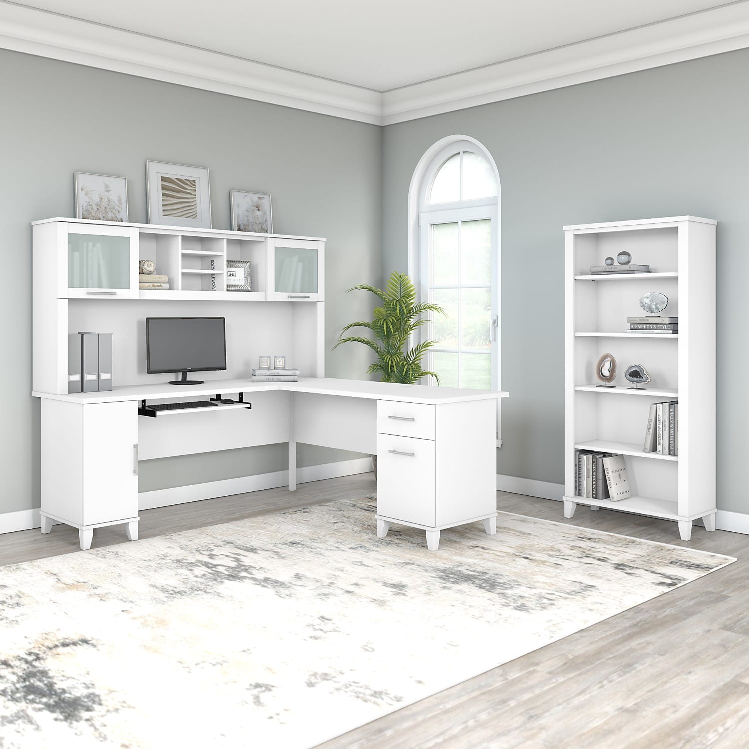 Bush Furniture Somerset 72inW L-Shaped Desk With Hutch And 5-Shelf Bookcase, White, Standard Delivery - Image 3