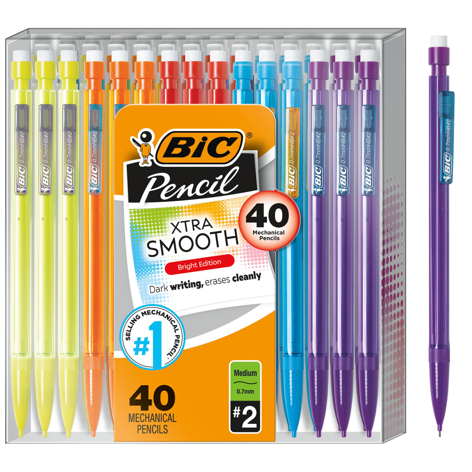 BIC Xtra Smooth Mechanical Pencils, Bright Edition, No. 2, Medium Point, 0.7 mm, Assorted Bright Barrels, Pack Of 40 Pencils