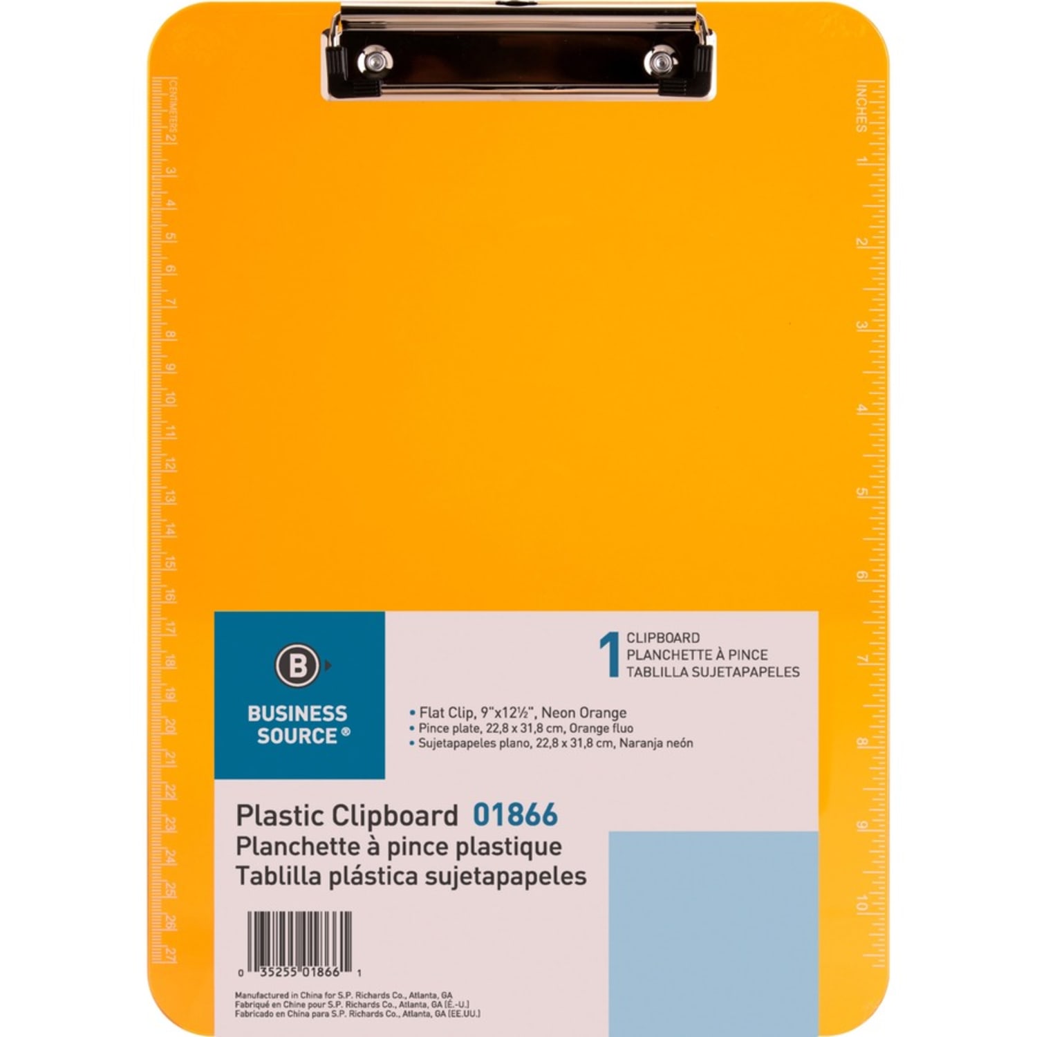 Business Source Flat Clip Clipboard - 9in x 12in Sheet Size - Plastic - Neon Orange - 6 / Bundle - Image 3