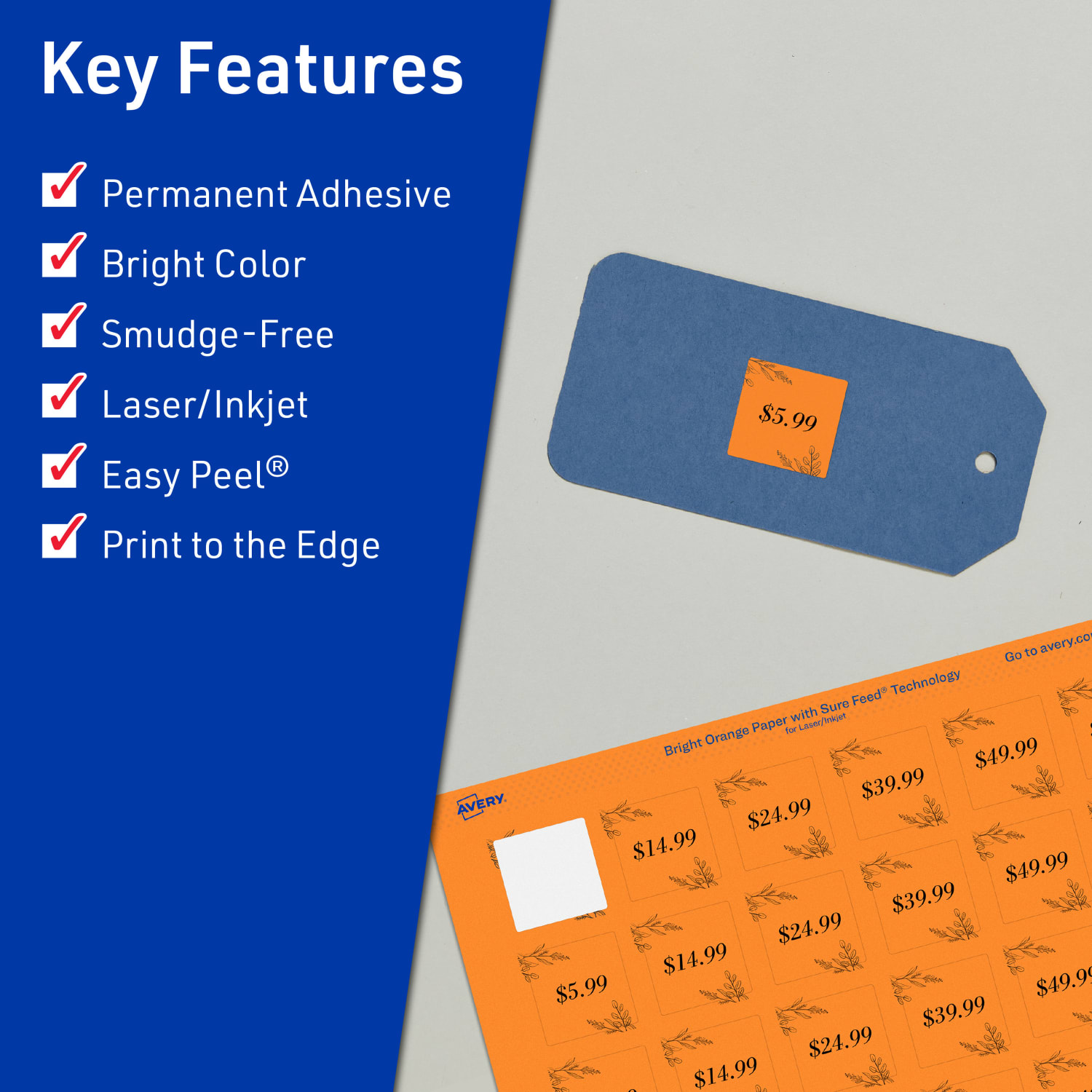 Avery Print-To-The-Edge Labels With Sure Feed Technology And Easy Peel, 94102-BOP20, Square, 3/4in x 3/4in, Matte Bright Orange, Pack of 1600 - Image 3