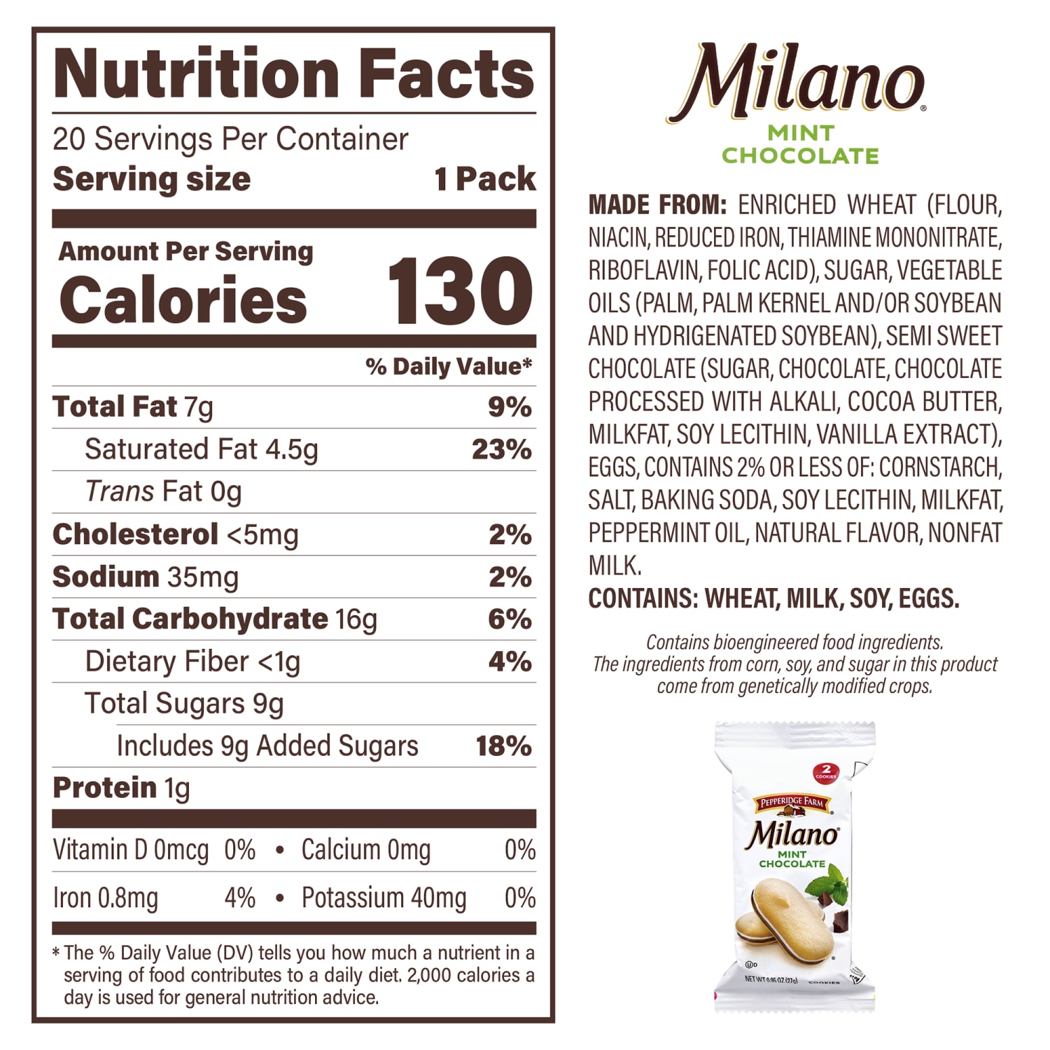 Pepperidge Farm Milano Mint Chocolate Cookies, 0.95 Oz, 2 Cookies Per Pack, Box Of 20 Packs - Image 4