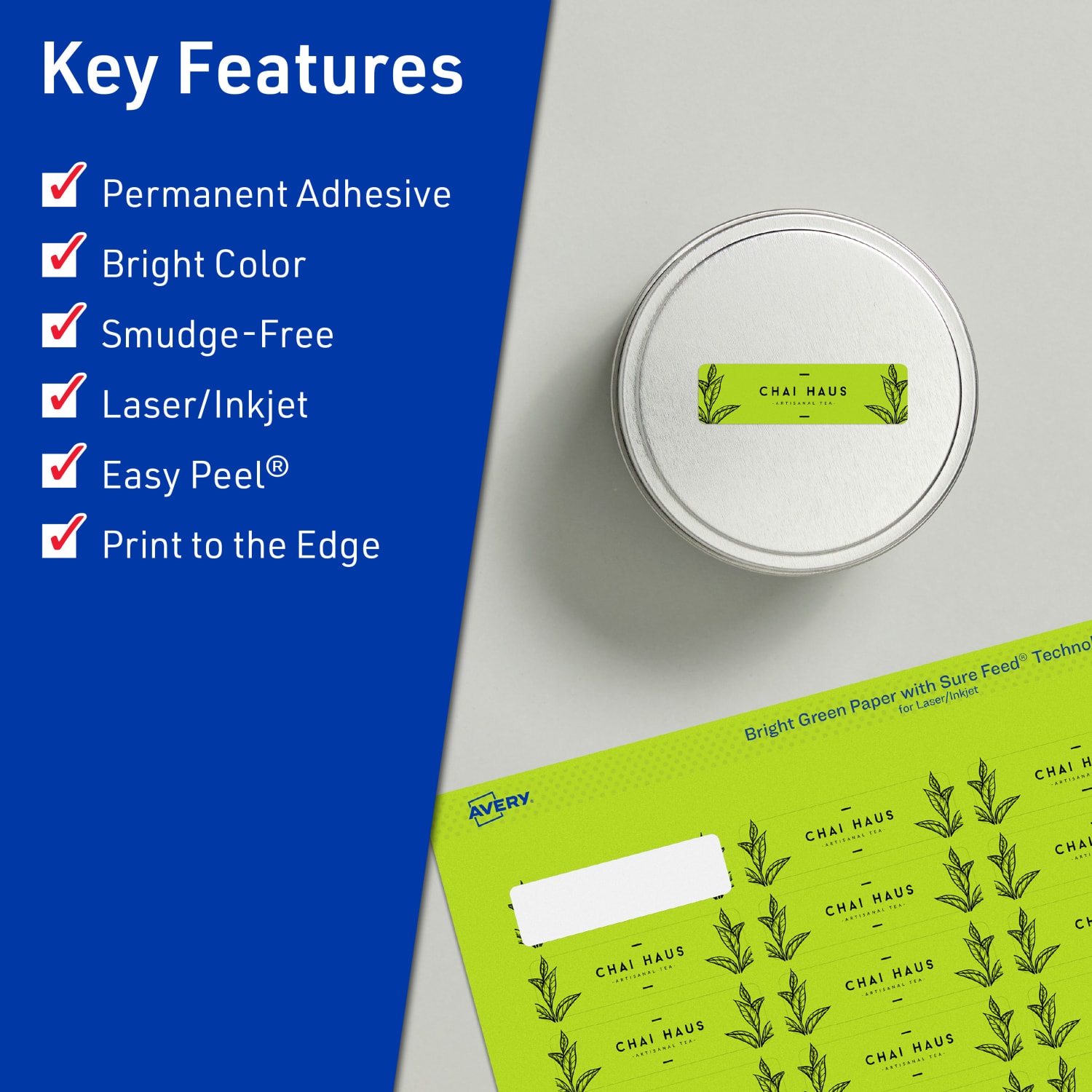 Avery Print-To-The-Edge Labels With Sure Feed Technology And Easy Peel, 94219-BGP20, Rectangle, 1in x 1-1/2in, Matte Bright Green, Pack of 640 - Image 3