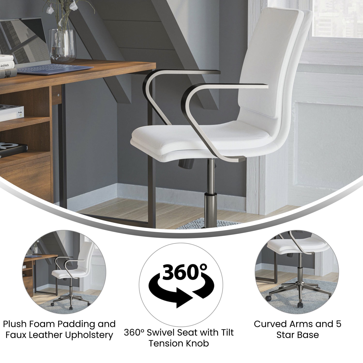 Flash Furniture James Faux Leather Mid Back Designer Executive Upholstered Office Chair WhiteChrome PopularChairscom