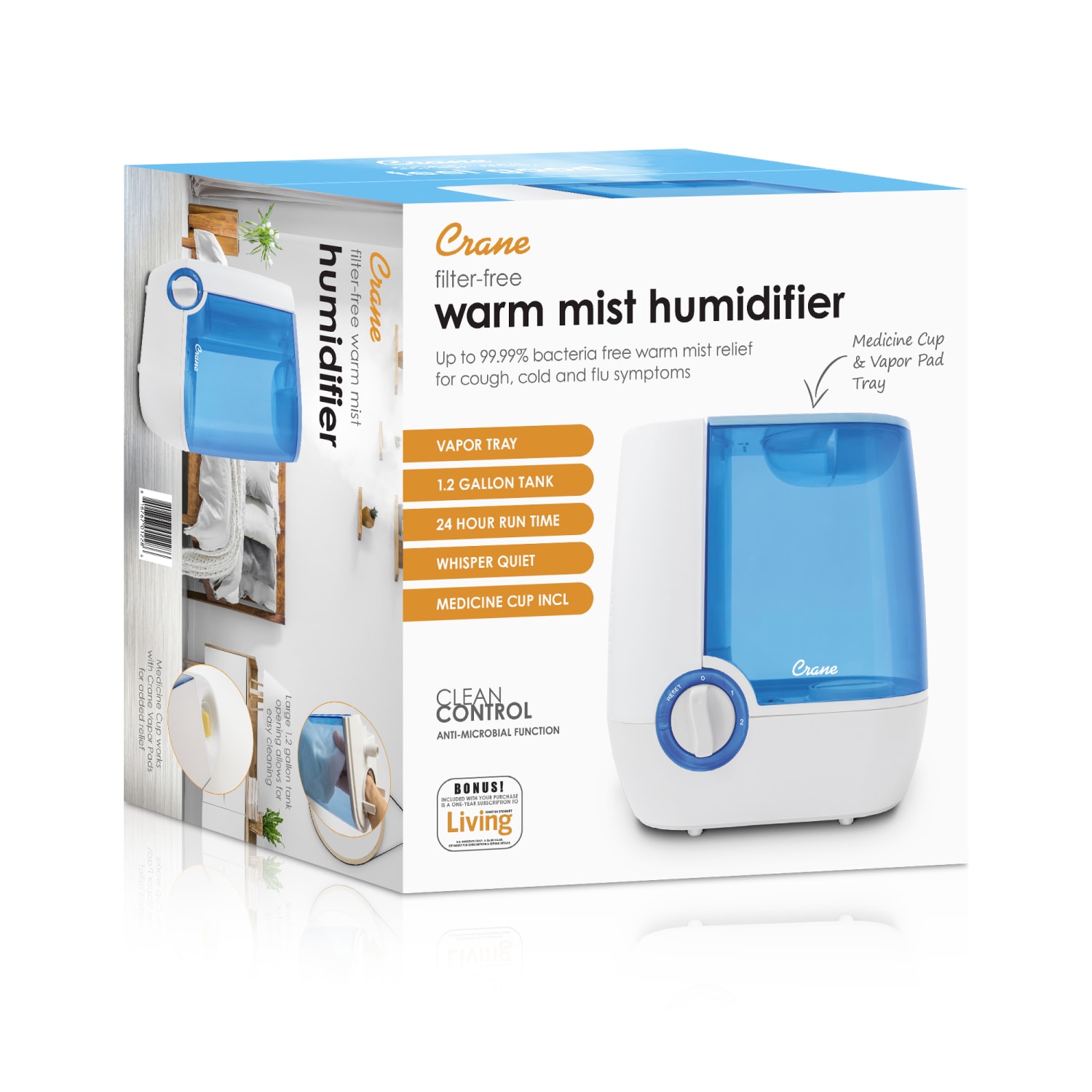 Crane Ultrasonic Cool Mist Humidifier, 1.0 Gallons, 12 13/16in x 9 1/2in x 6 7/8in, Blue/White - Image 3