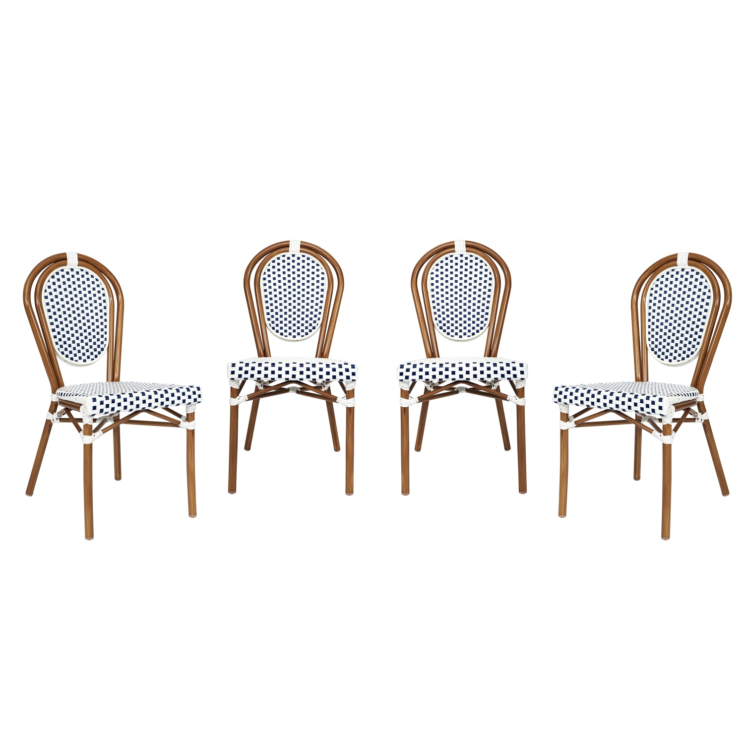 Flash Furniture 4 Pack Lourdes IndoorOutdoor Commercial Thonet Bistro Stacking Chair PE Rattan and Aluminum Frame White  NavyNatural Frame PopularChairscom
