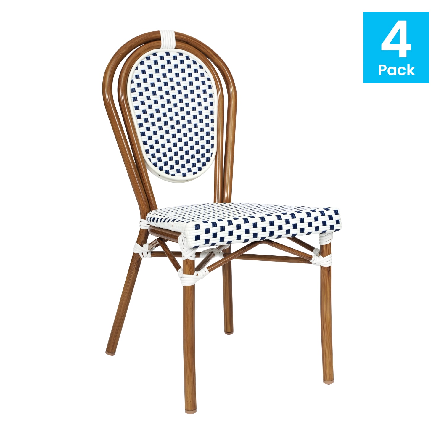 Flash Furniture 4 Pack Lourdes Indoor/Outdoor Commercial Thonet Bistro Stacking Chair, PE Rattan and Aluminum Frame, White & Navy/Natural Frame - Image 3