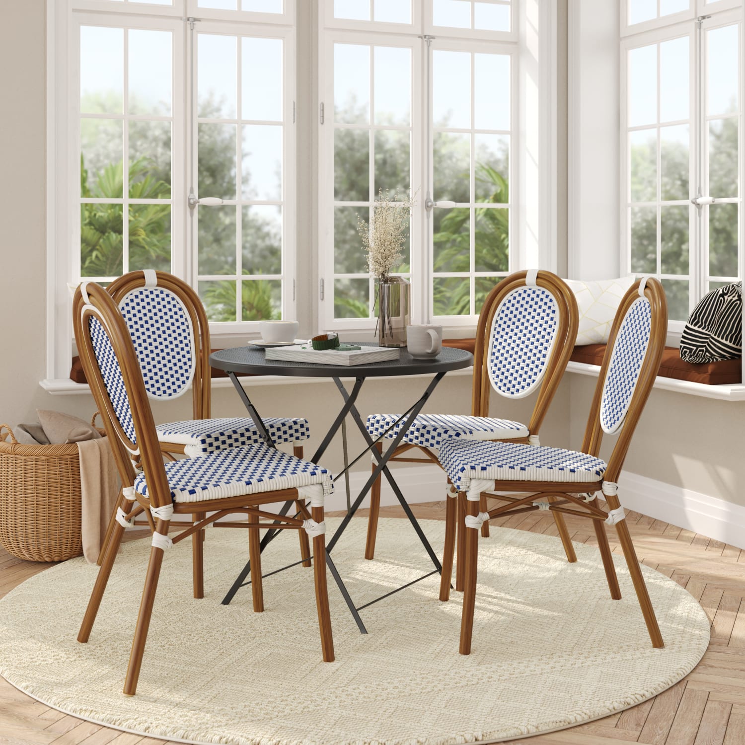 Flash Furniture 4 Pack Lourdes Indoor/Outdoor Commercial Thonet Bistro Stacking Chair, PE Rattan and Aluminum Frame, White & Navy/Natural Frame - Image 4