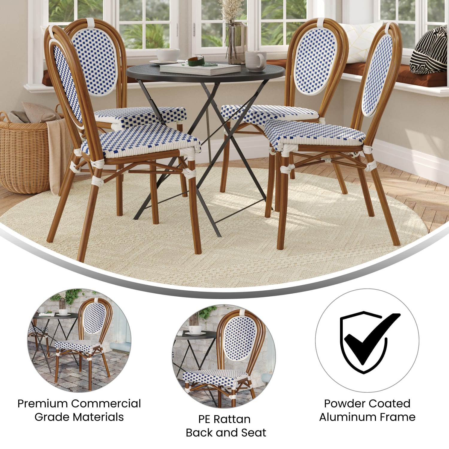 Flash Furniture 4 Pack Lourdes Indoor/Outdoor Commercial Thonet Bistro Stacking Chair, PE Rattan and Aluminum Frame, White & Navy/Natural Frame - Image 5