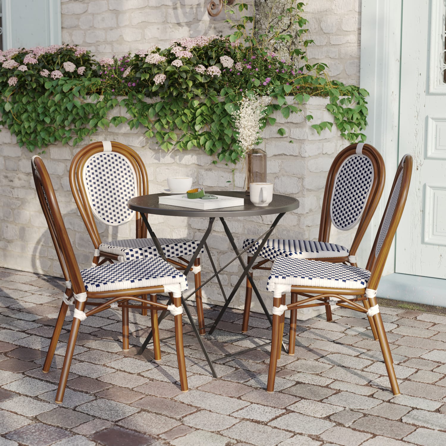 Flash Furniture 4 Pack Lourdes Indoor/Outdoor Commercial Thonet Bistro Stacking Chair, PE Rattan and Aluminum Frame, White & Navy/Natural Frame - Image 6