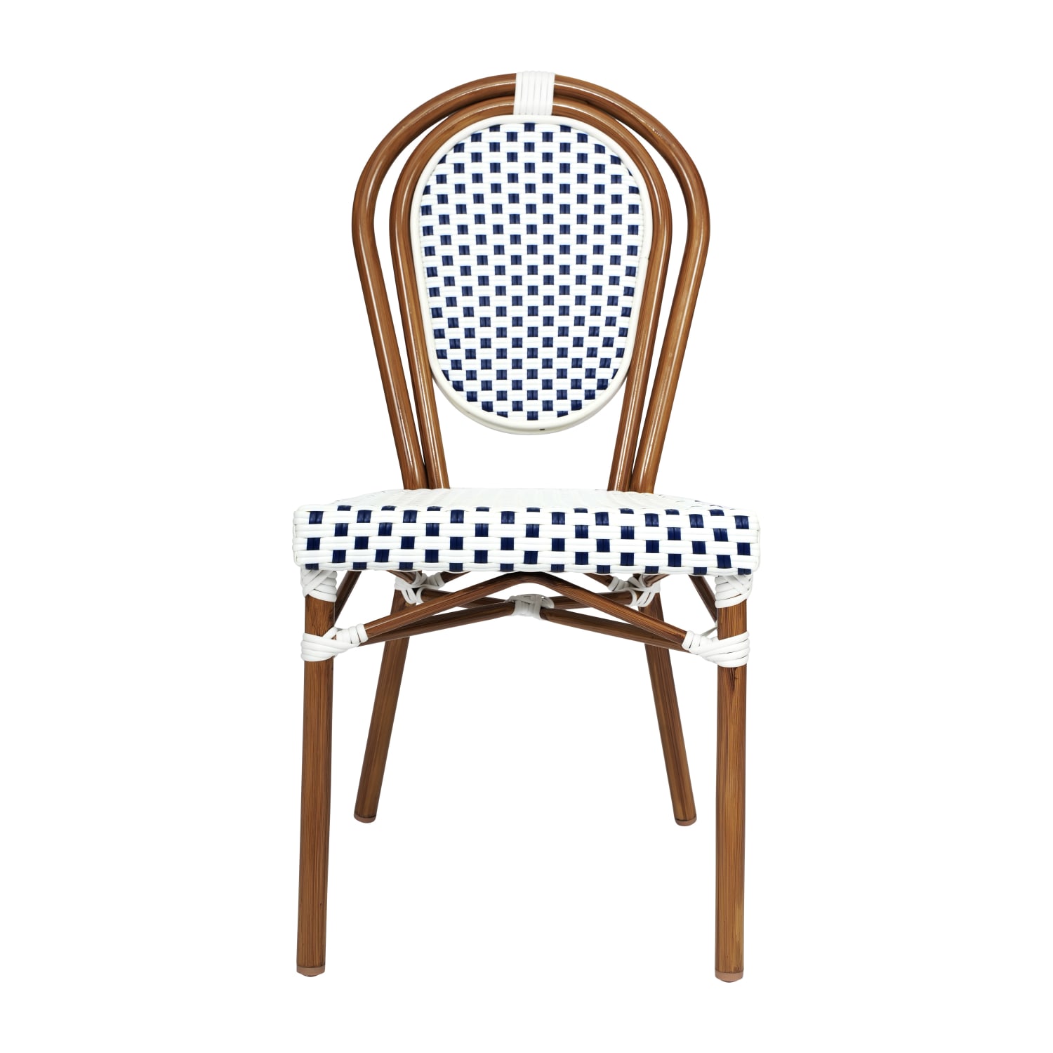 Flash Furniture 4 Pack Lourdes Indoor/Outdoor Commercial Thonet Bistro Stacking Chair, PE Rattan and Aluminum Frame, White & Navy/Natural Frame - Image 11