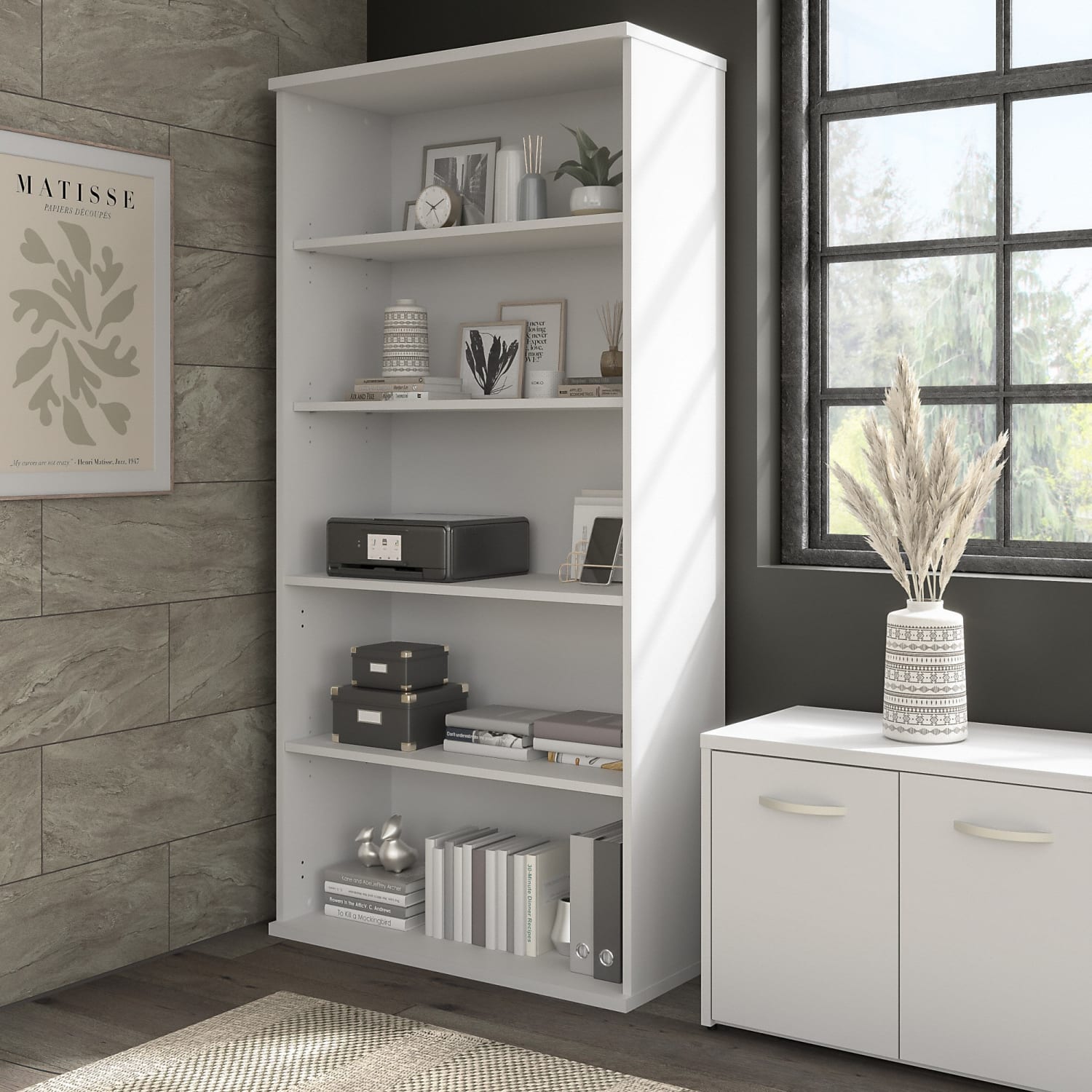 Bush Business Furniture Hybrid 73inH 5-Shelf Bookcase, White, Standard Delivery - Image 3
