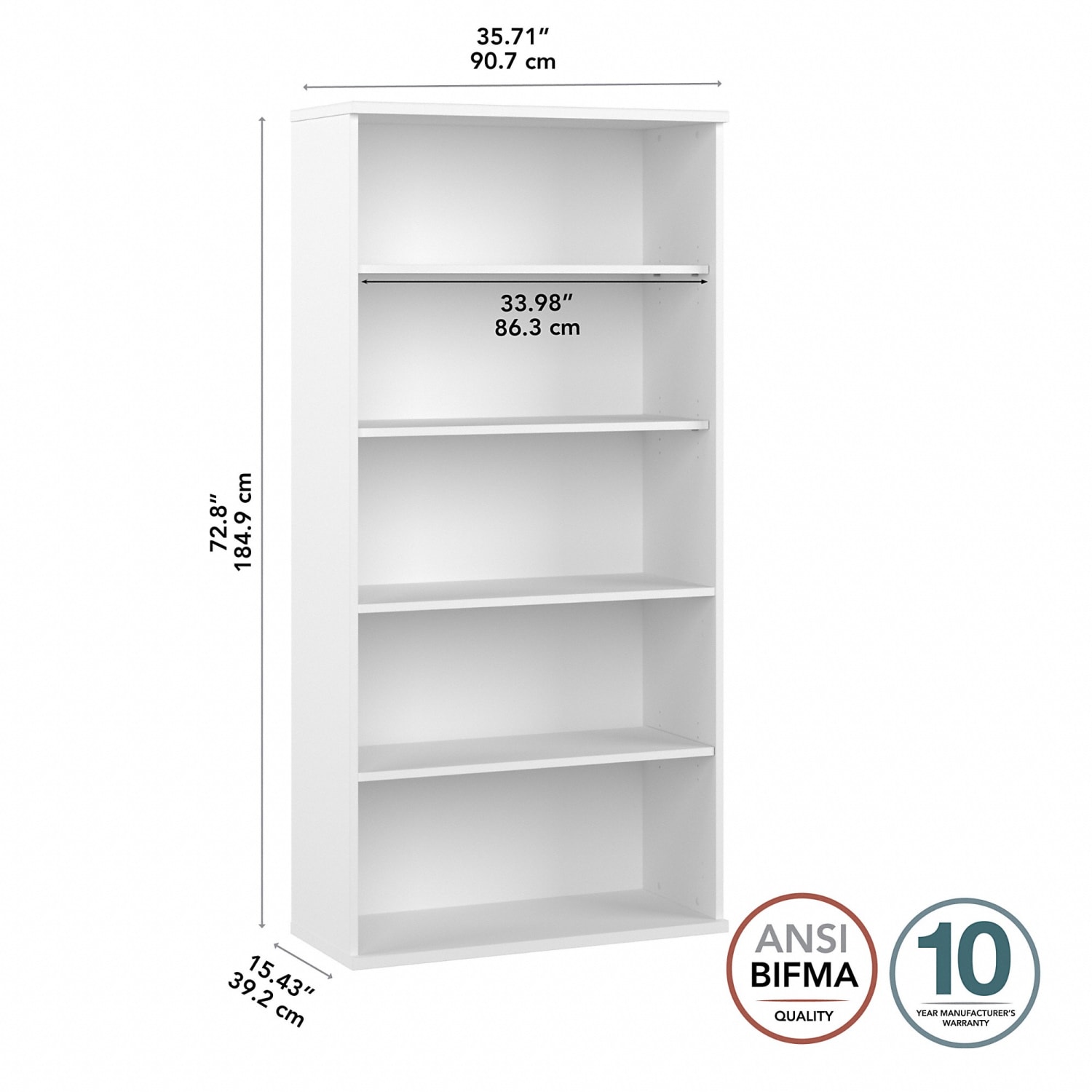 Bush Business Furniture Hybrid 73inH 5-Shelf Bookcase, White, Standard Delivery - Image 6